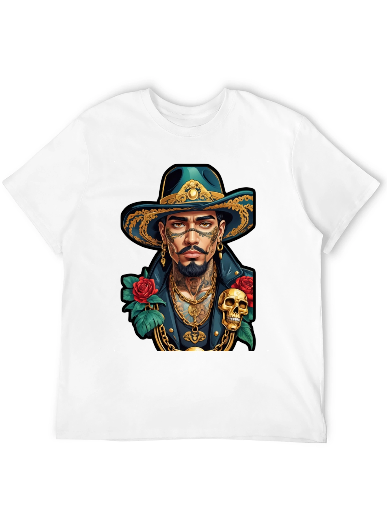 Skull & Roses Cowboy T-Shirt - Tattoo Art Style