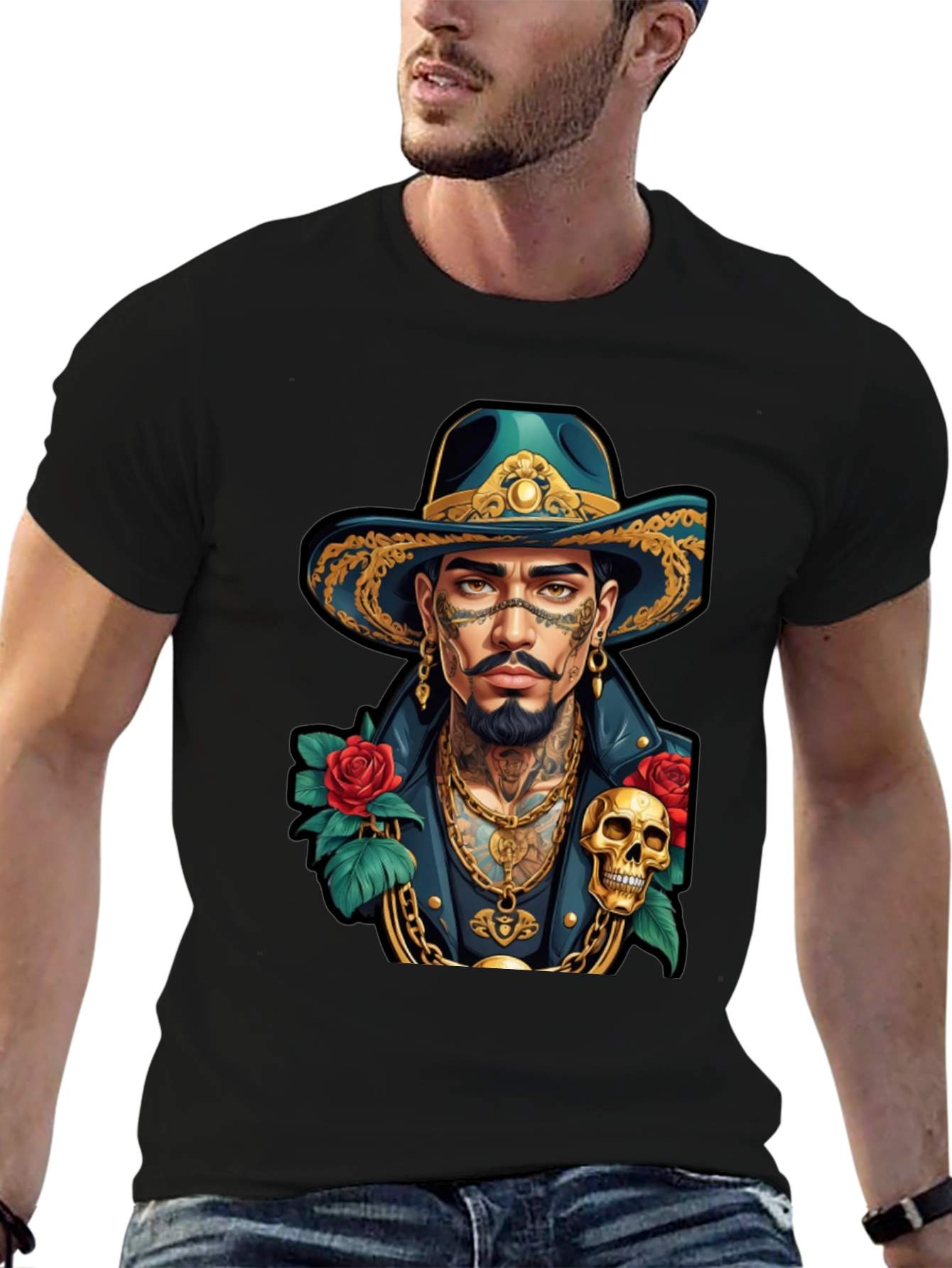 Skull & Roses Cowboy T-Shirt - Tattoo Art Style