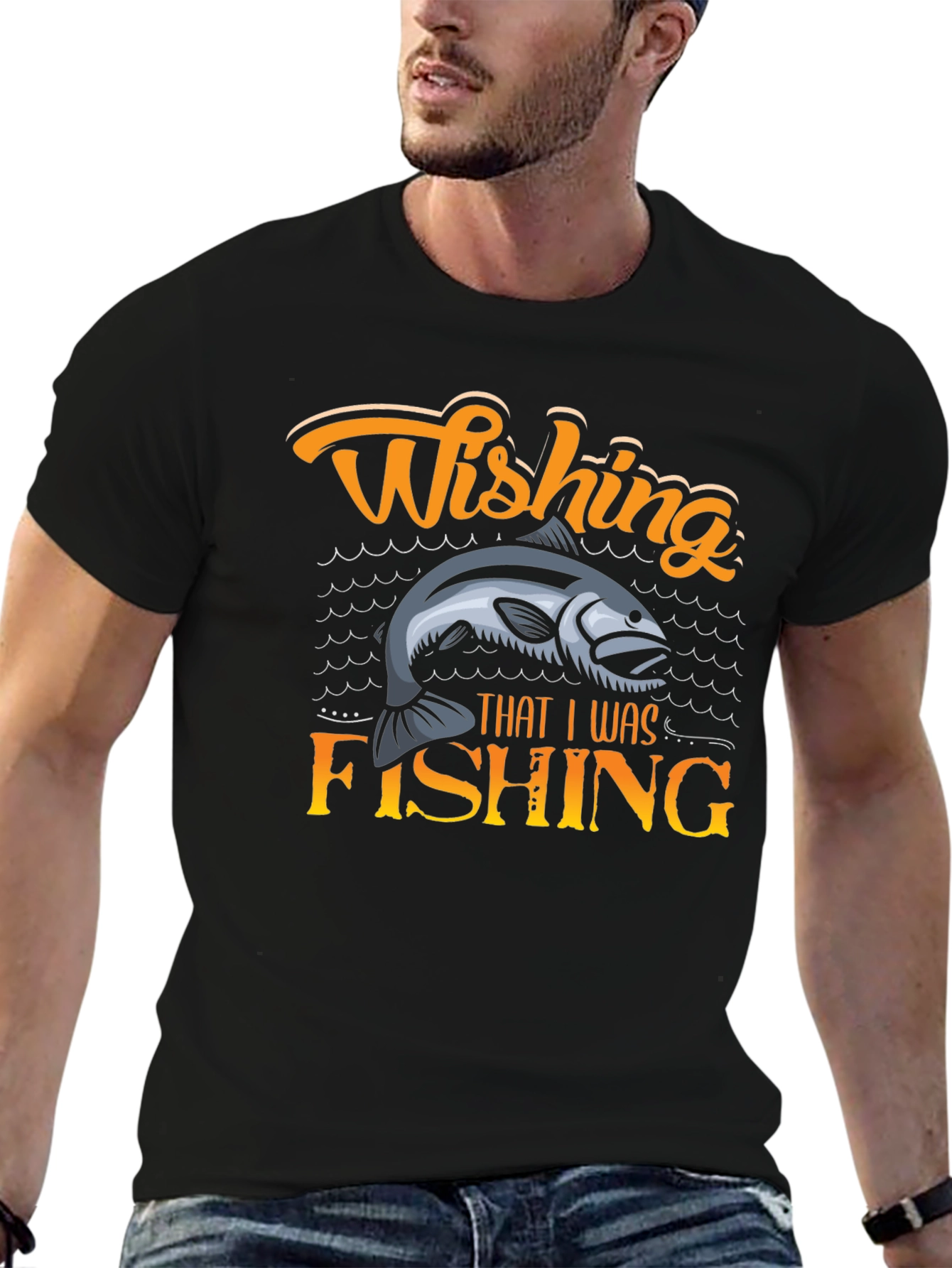 Wishing That I Was Fishing Mens Black T-Shirt
