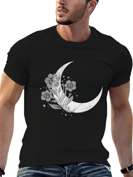 Floral Moon Graphic Tee - Black Cotton Blend