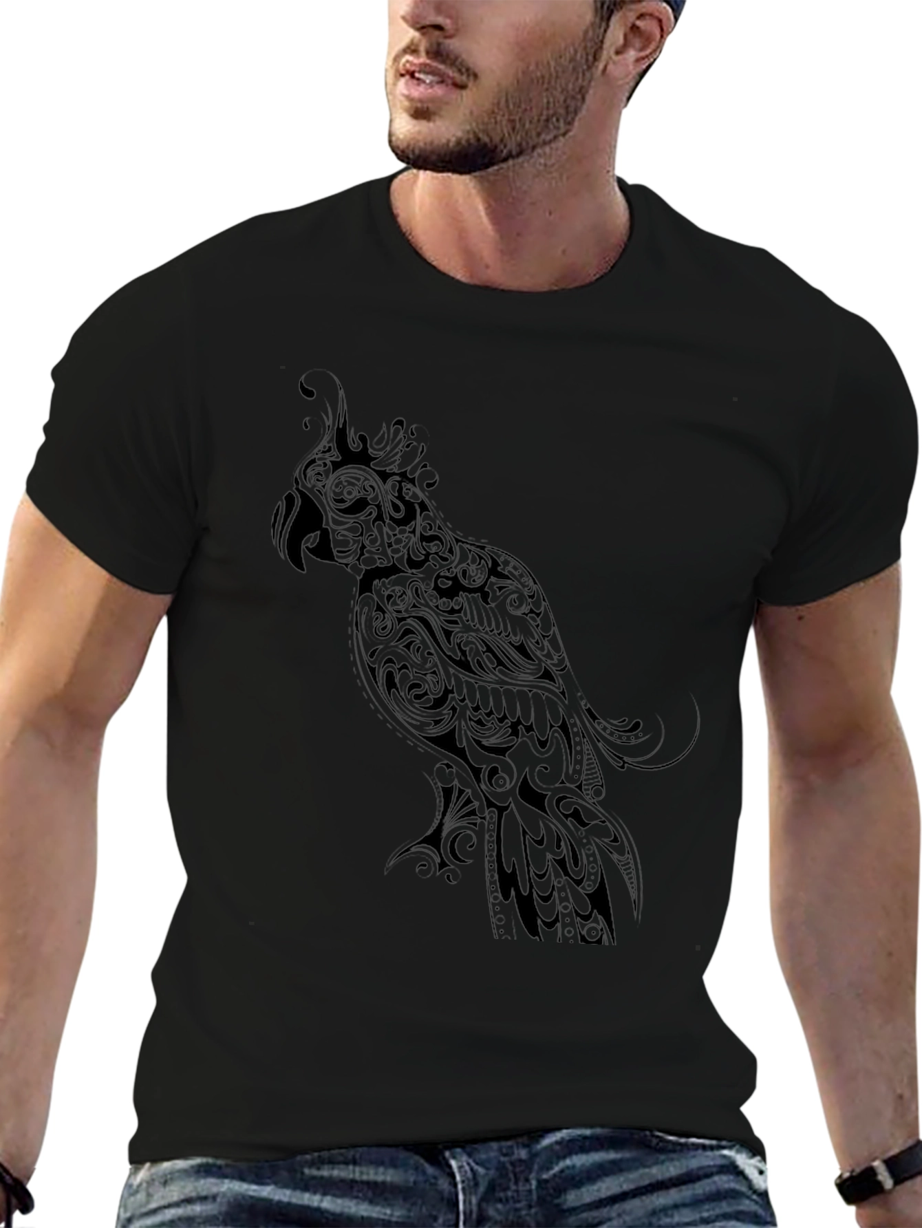 Black Parrot Graphic Tee - Stylish Bird Design