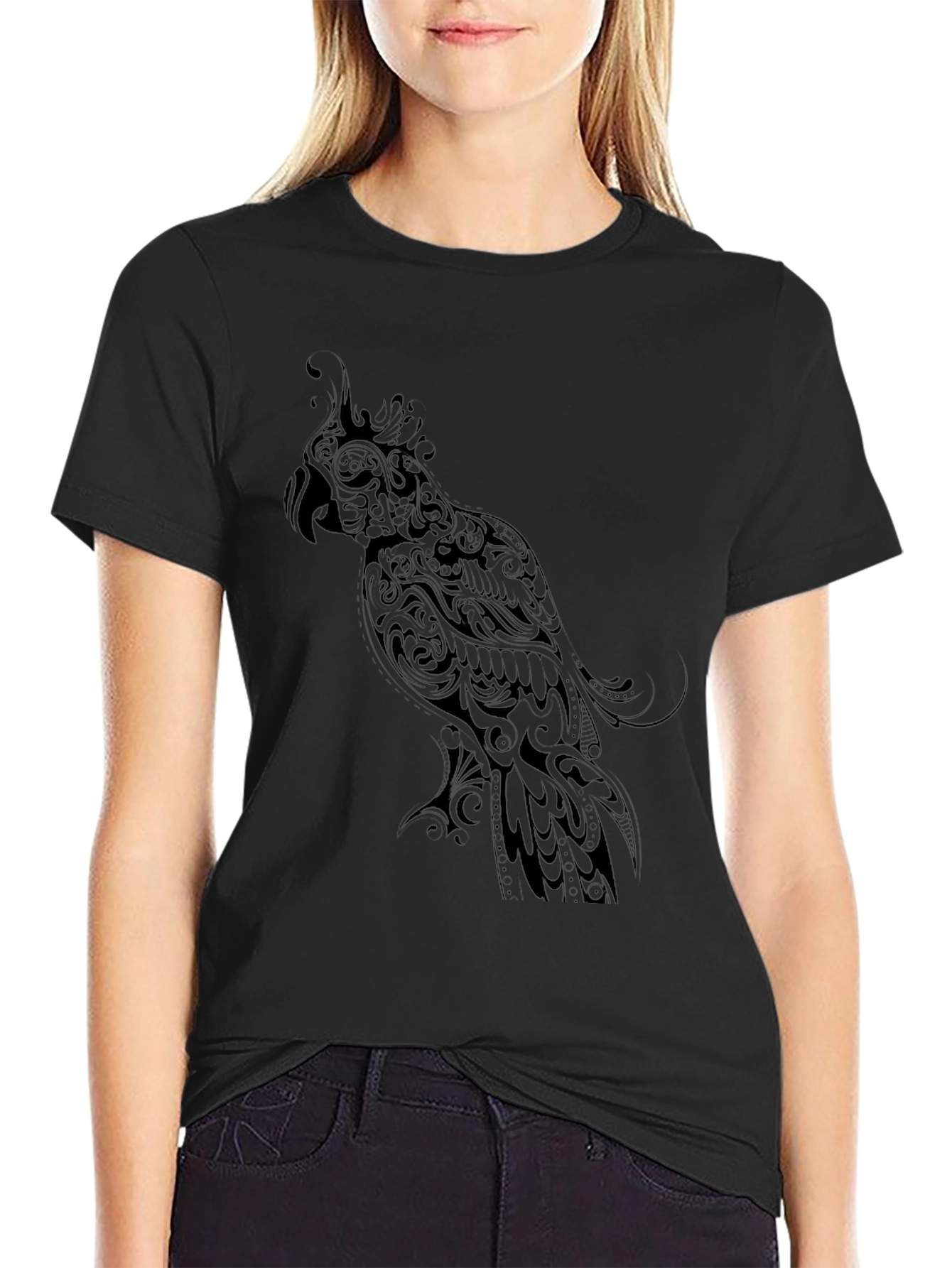 Black Parrot Graphic Tee - Stylish Bird Design