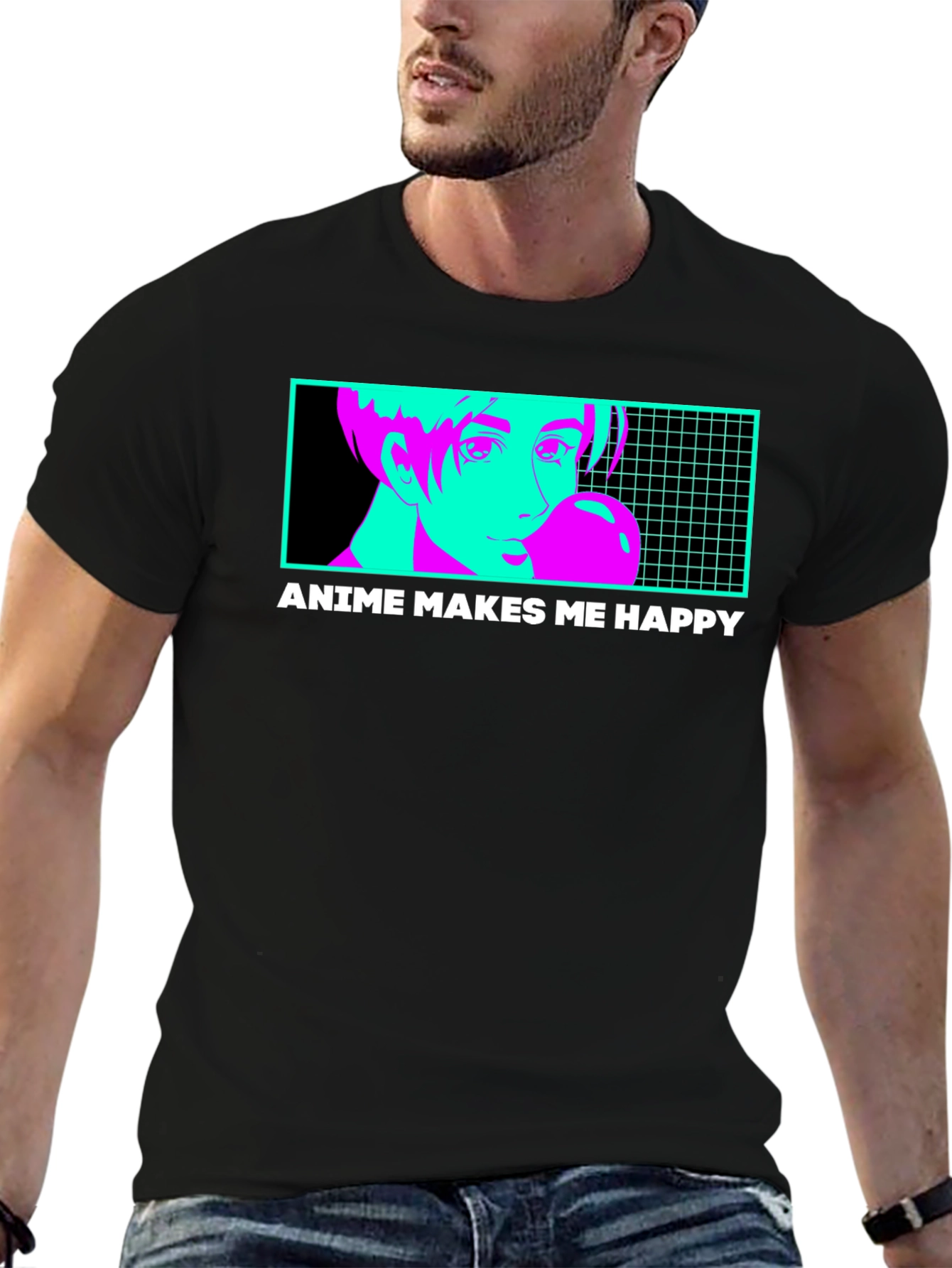 Anime Makes Me Happy T-Shirt - Black