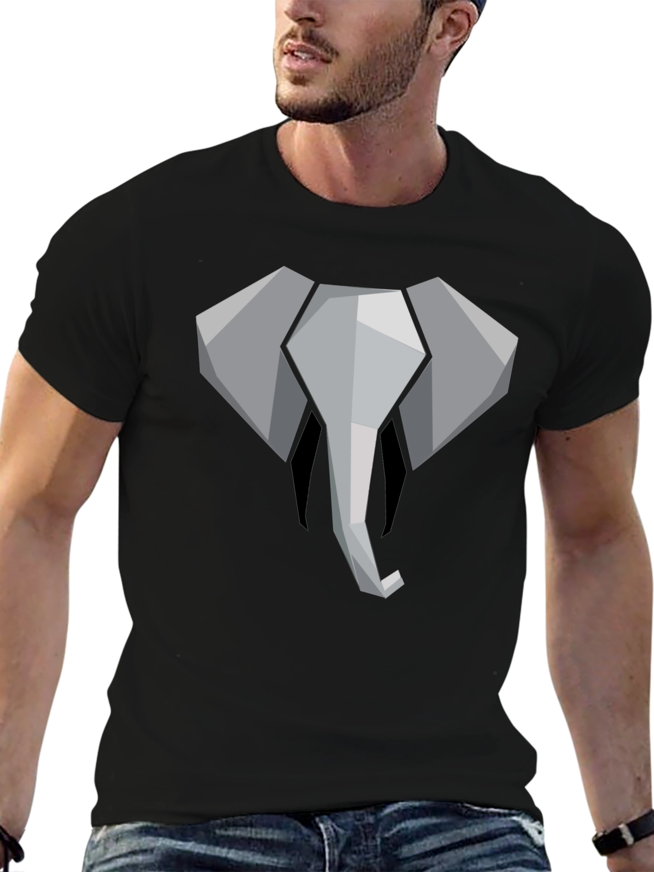 Geometric Elephant Graphic Tee - Black Cotton Shirt