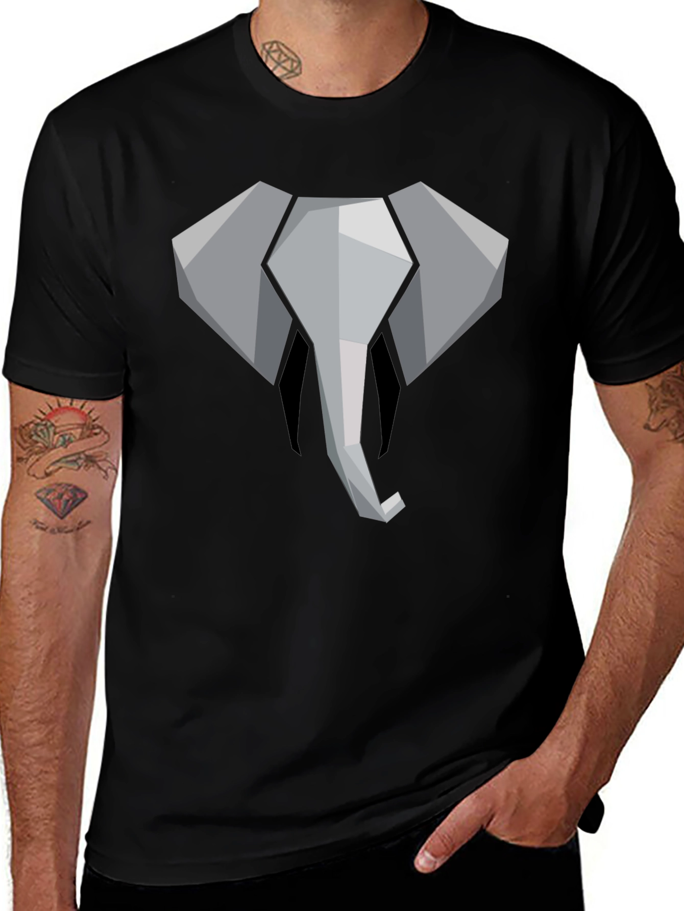 Geometric Elephant Graphic Tee - Black Cotton Shirt