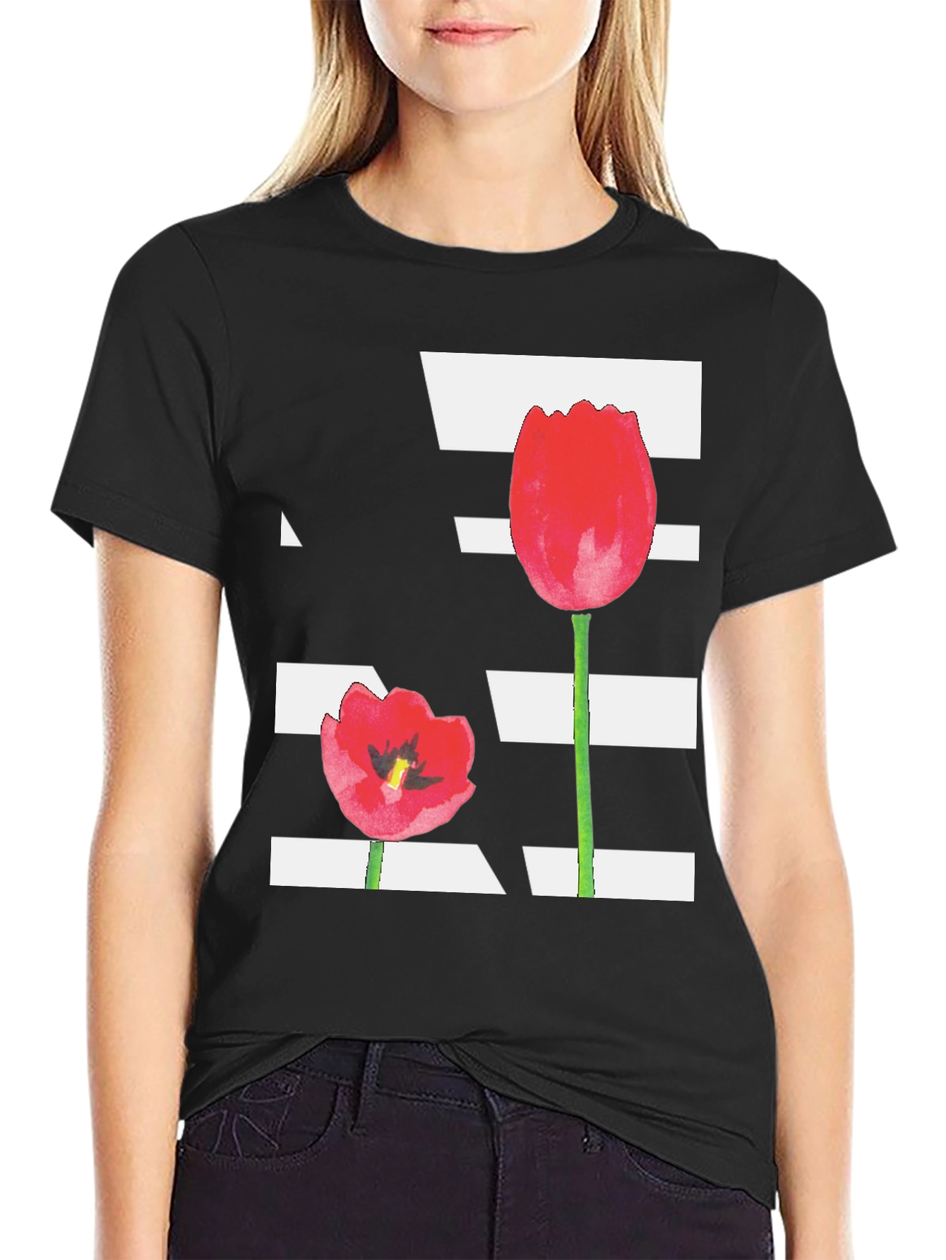 Floral Tulip Graphic Tee - Black