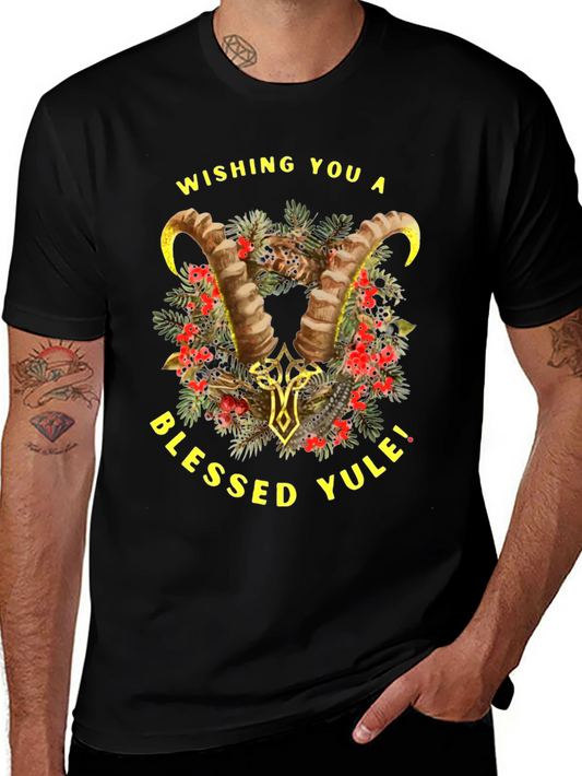 Blessed Yule T-Shirt with Ram Horns & Wreath Design