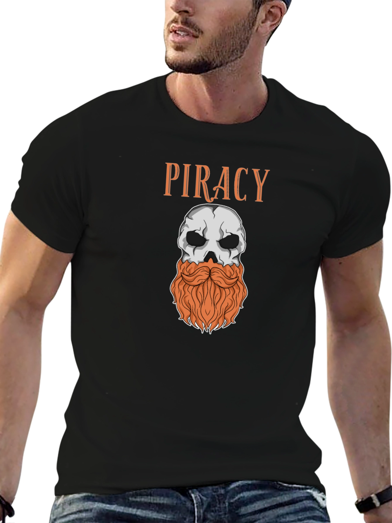 Piracy Skull T-Shirt - Bearded Pirate Graphic Tee