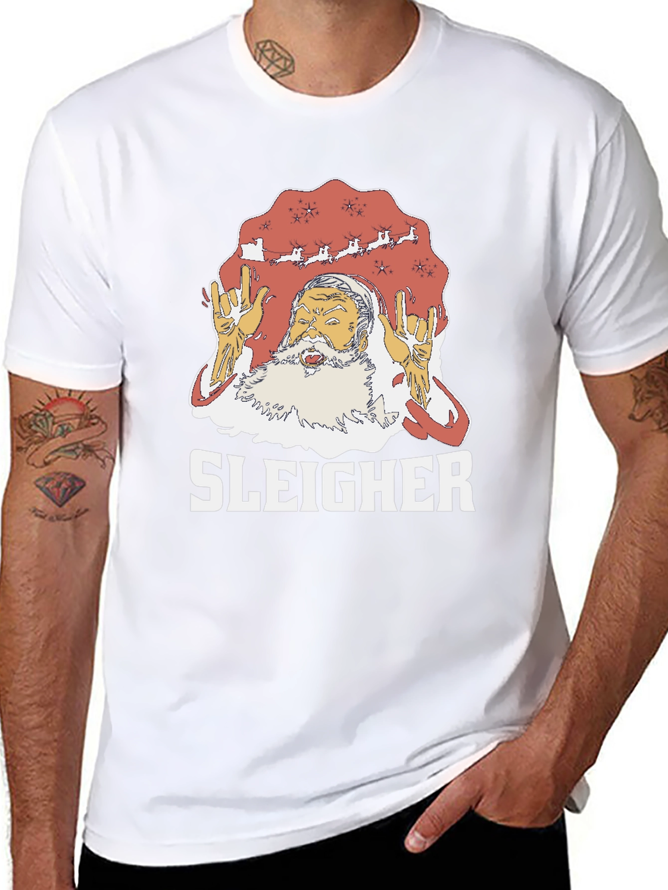 Sleigher Rock Santa Graphic T-Shirt