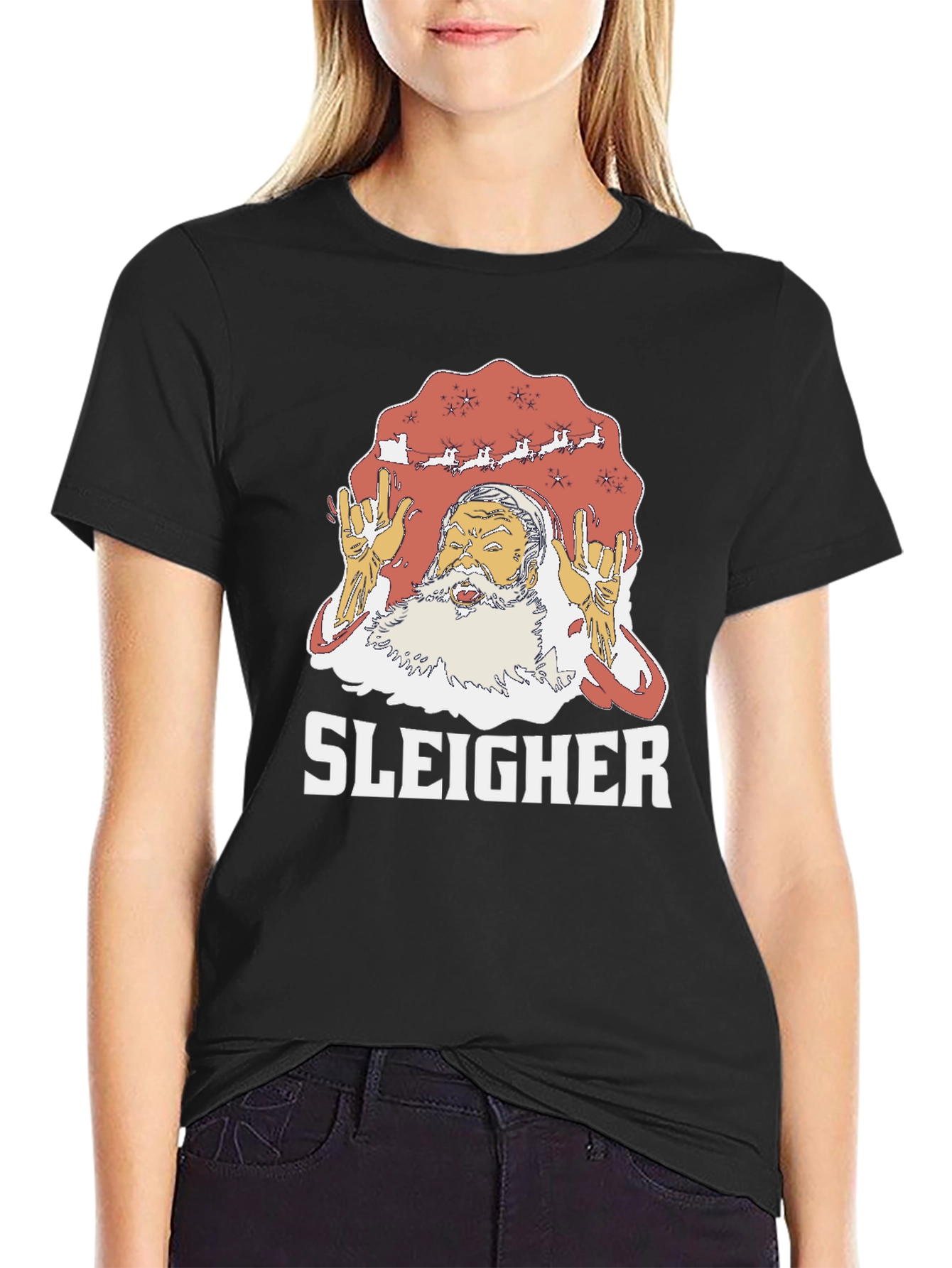 Sleigher Rock Santa Graphic T-Shirt