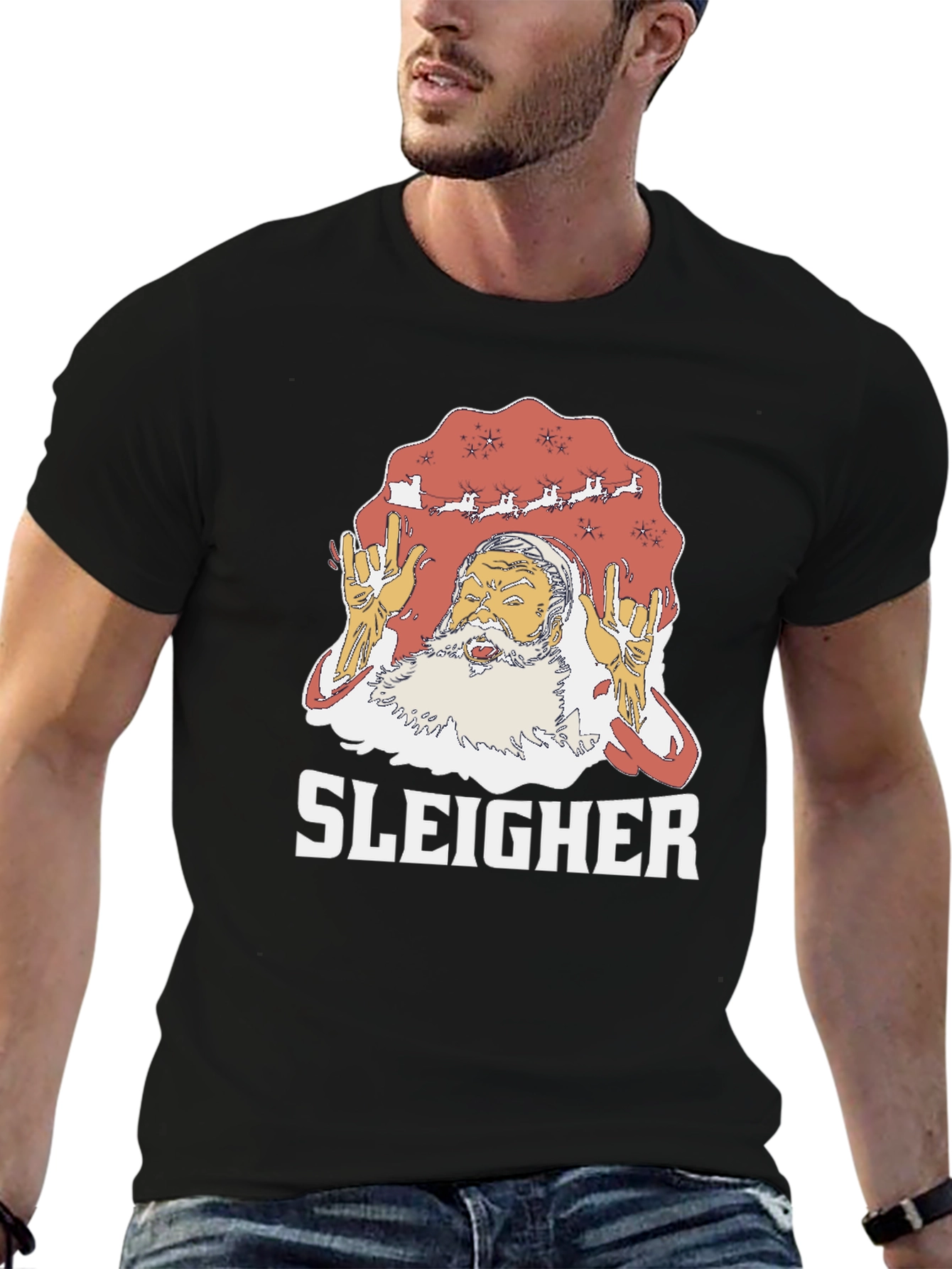 Sleigher Rock Santa Graphic T-Shirt