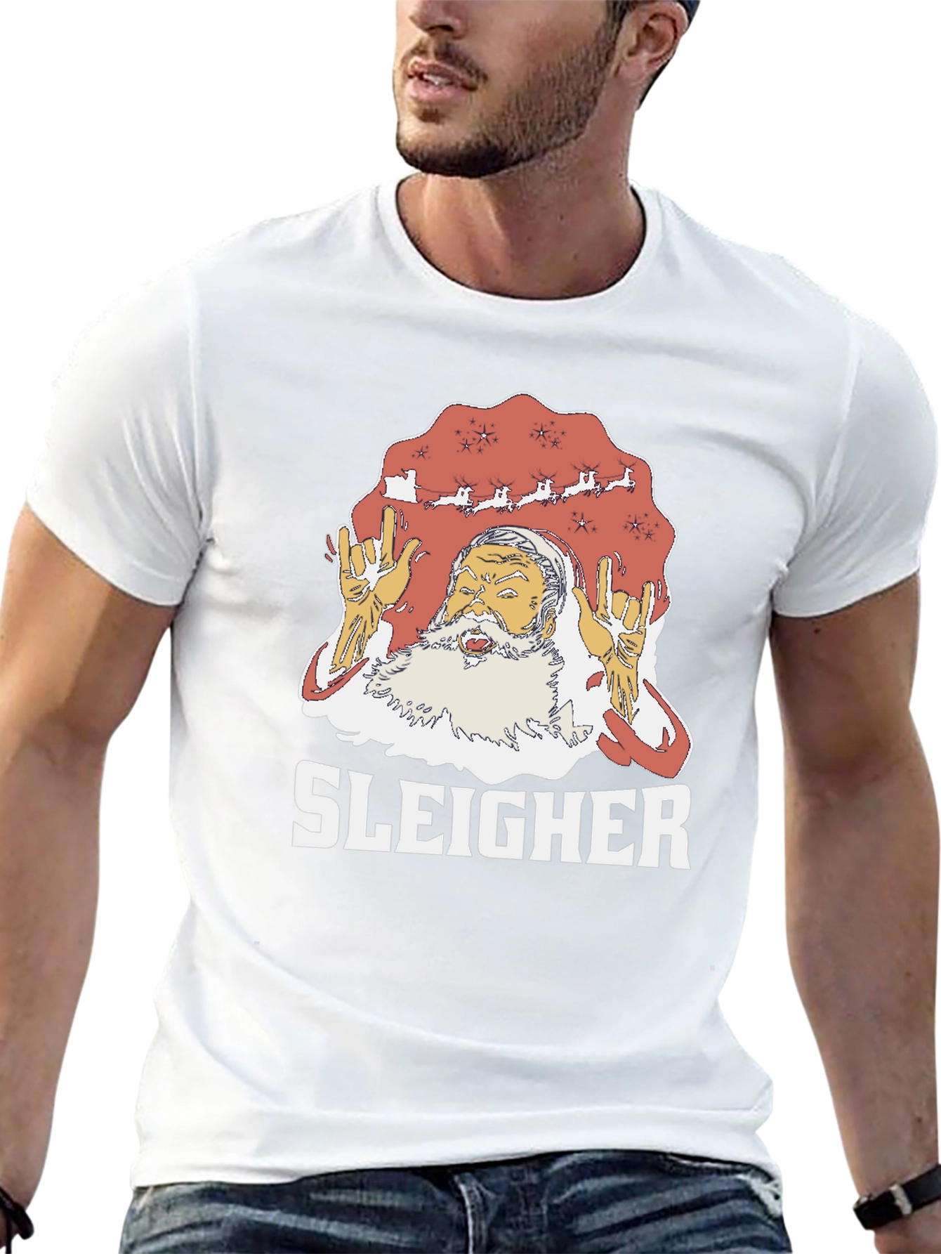 Sleigher Rock Santa Graphic T-Shirt