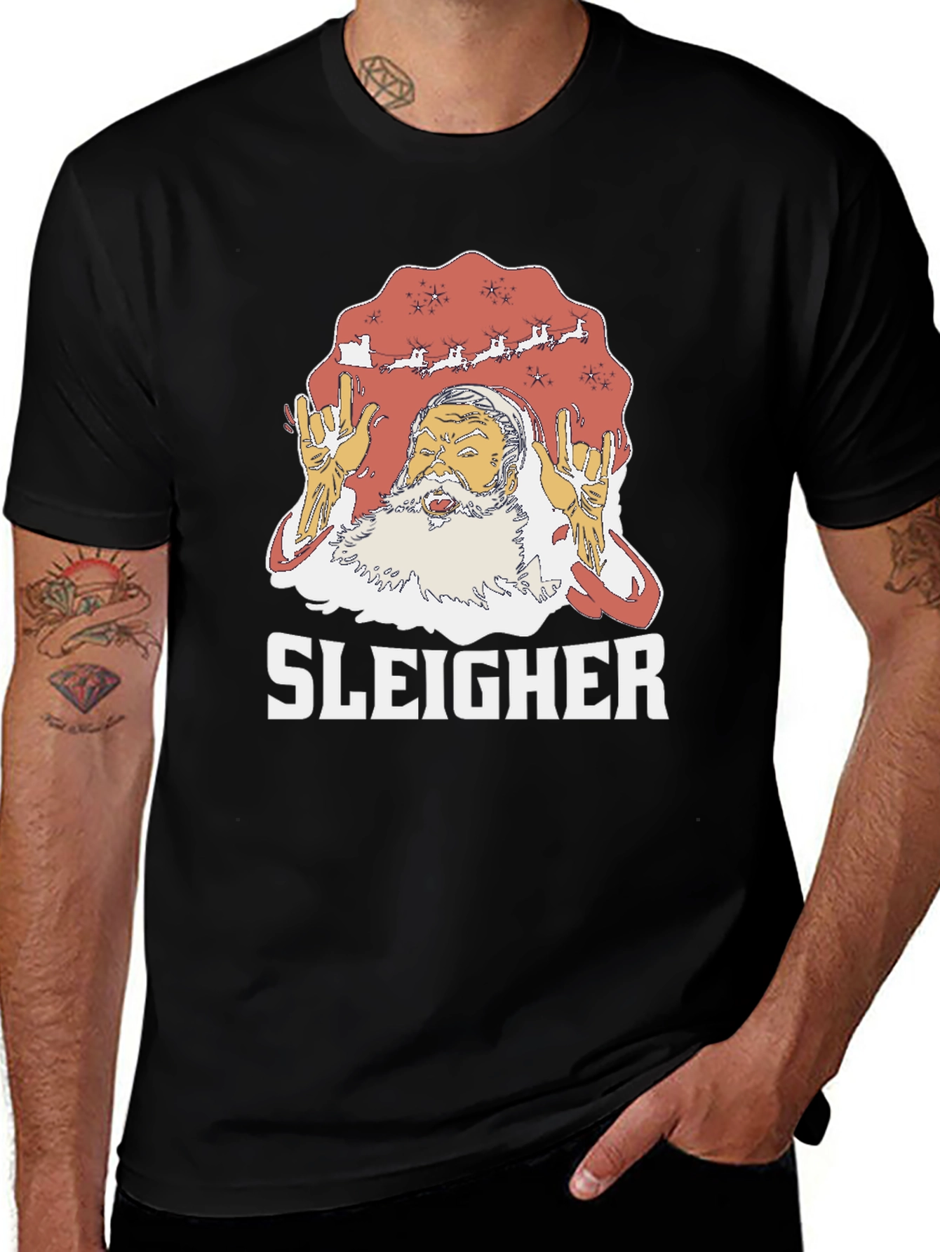 Sleigher Rock Santa Graphic T-Shirt