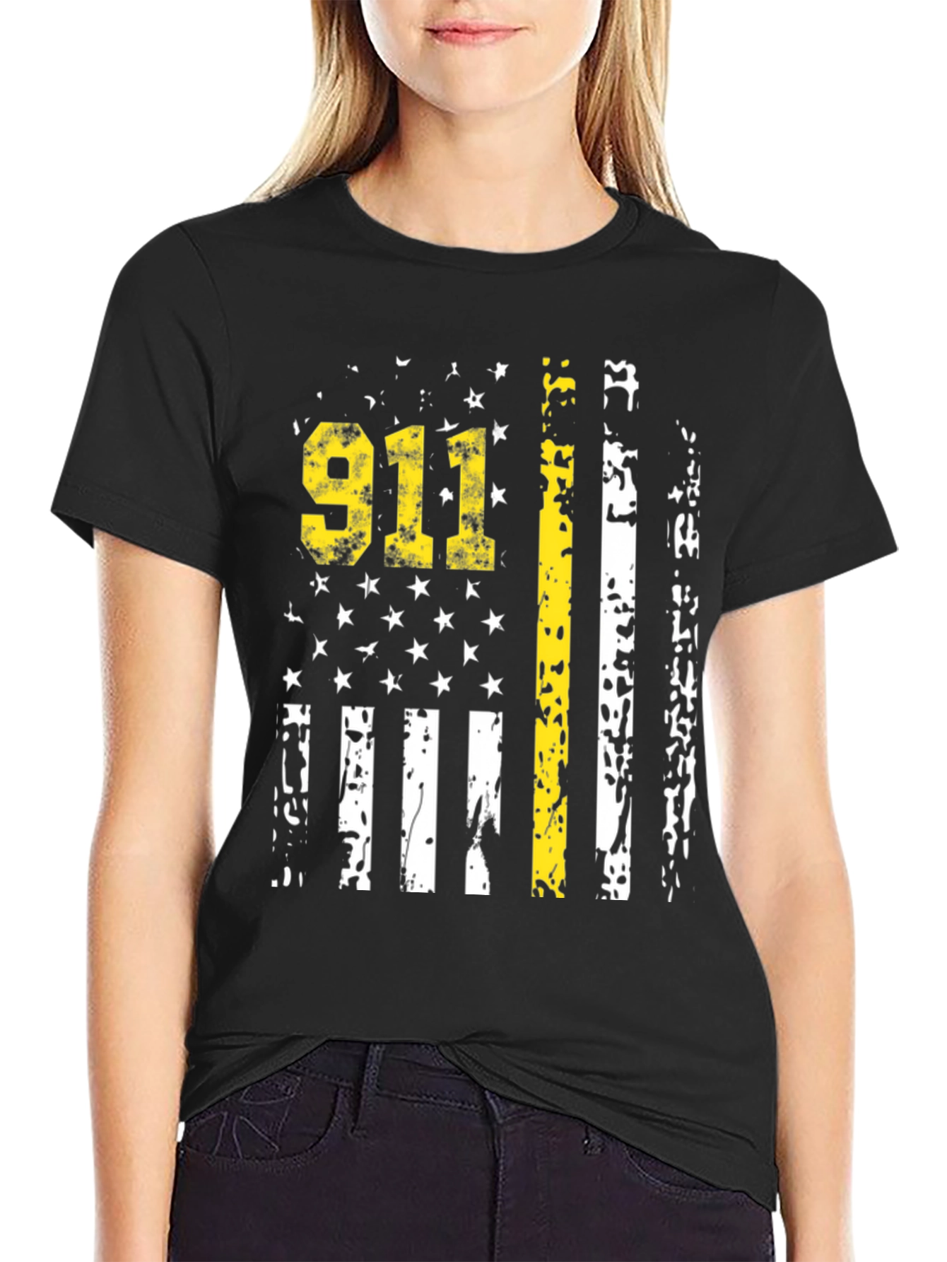 911 Dispatcher Thin Yellow Line American Flag Graphic T-Shirt