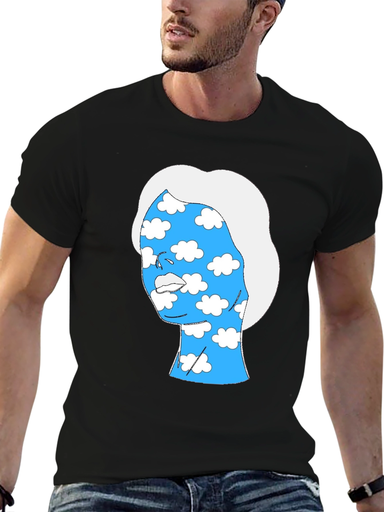 Abstract Cloud Face Graphic Tee - Black Cotton Shirt