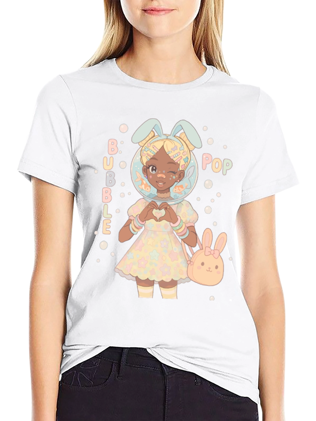 Bubble Pop Anime Girl Black T-Shirt