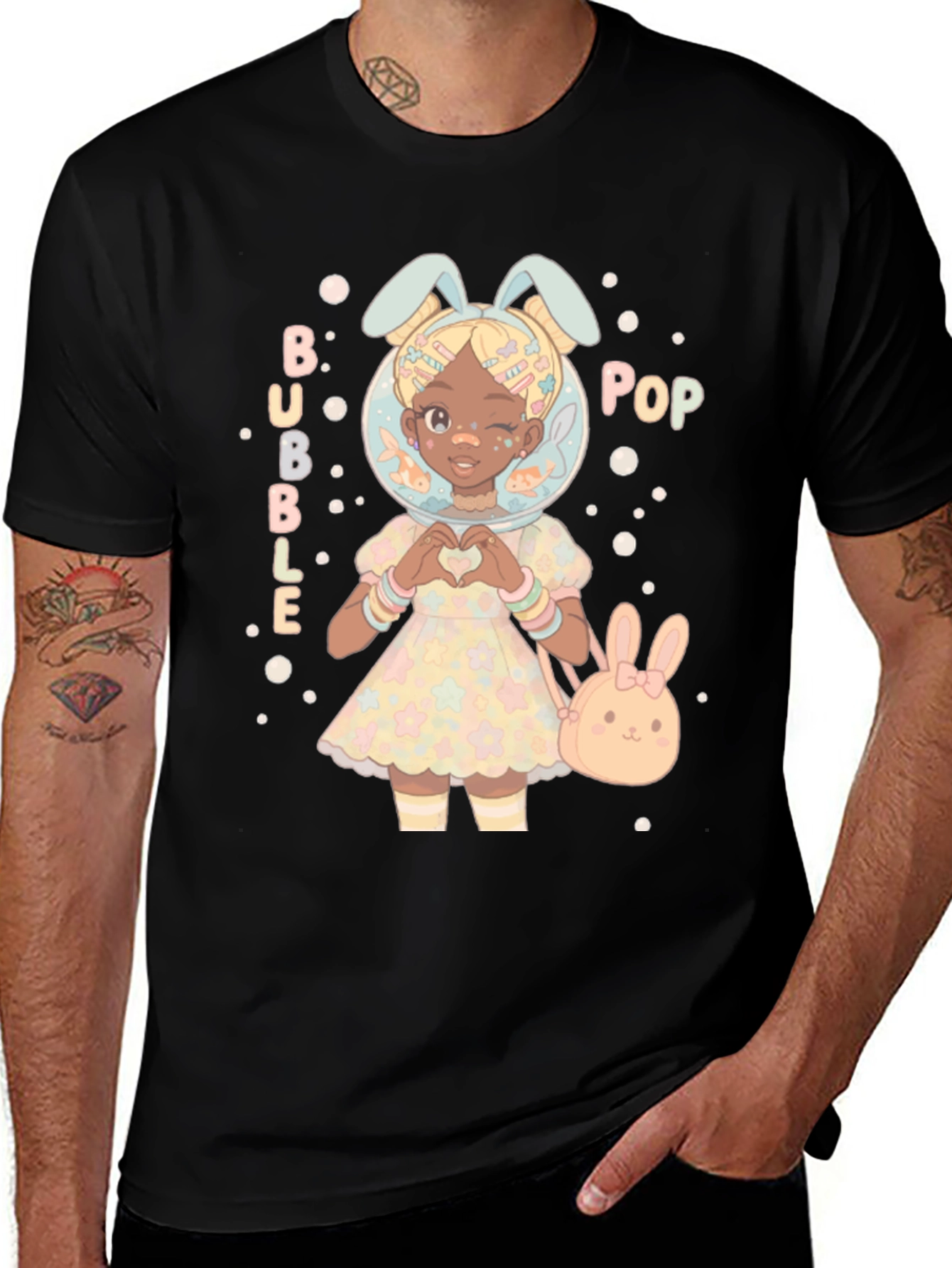 Bubble Pop Anime Girl Black T-Shirt