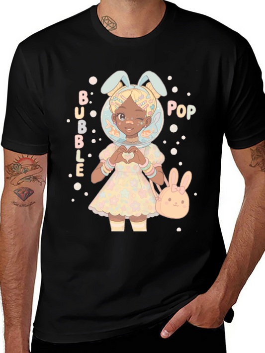 Bubble Pop Anime Girl Black T-Shirt