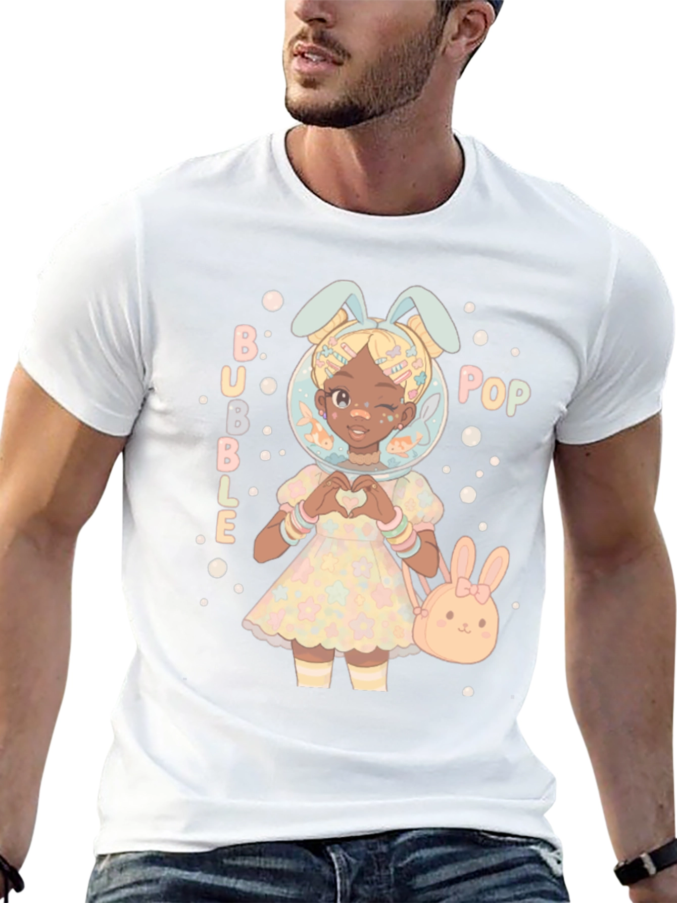 Bubble Pop Anime Girl Black T-Shirt