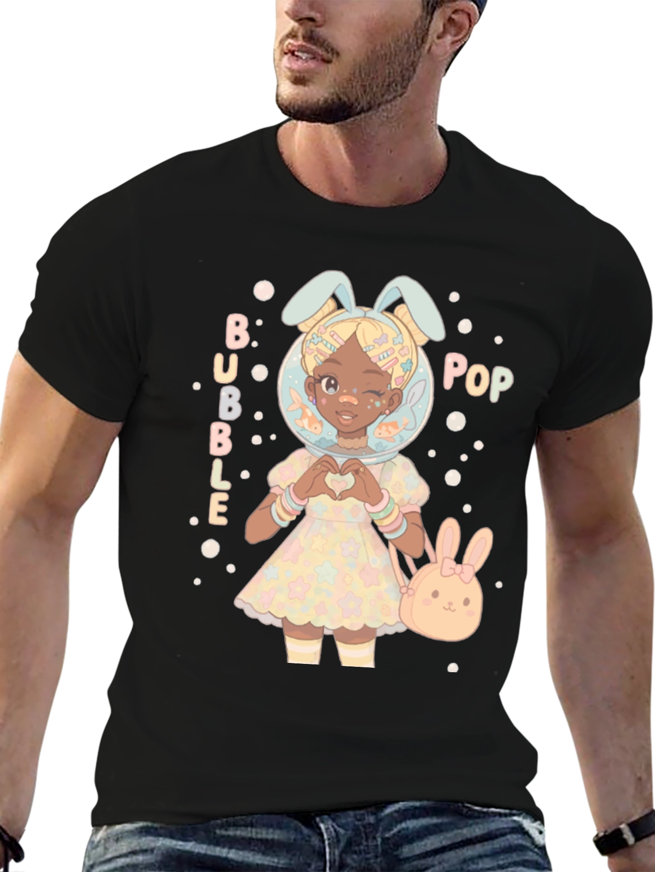 Bubble Pop Anime Girl Black T-Shirt