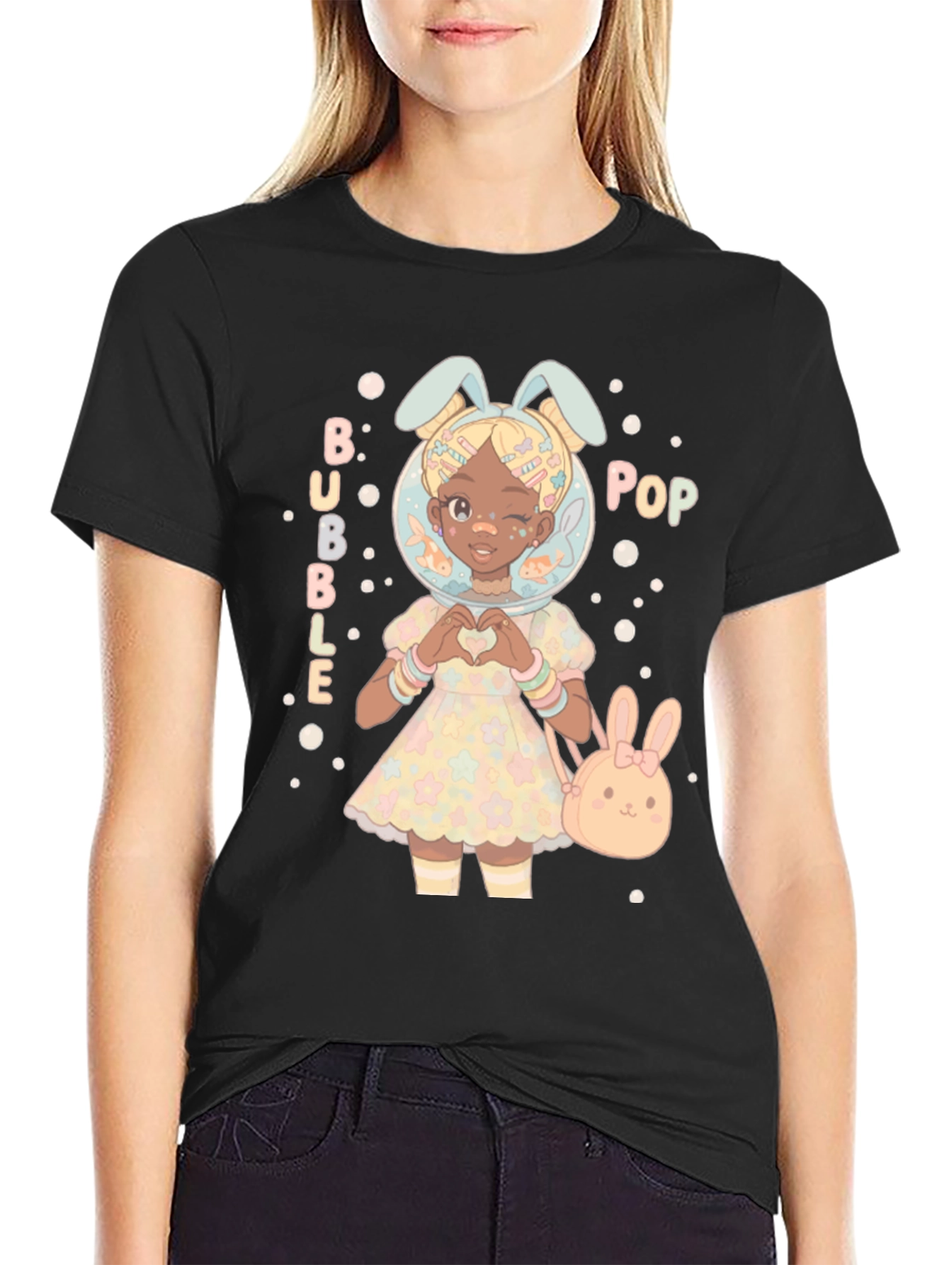 Bubble Pop Anime Girl Black T-Shirt