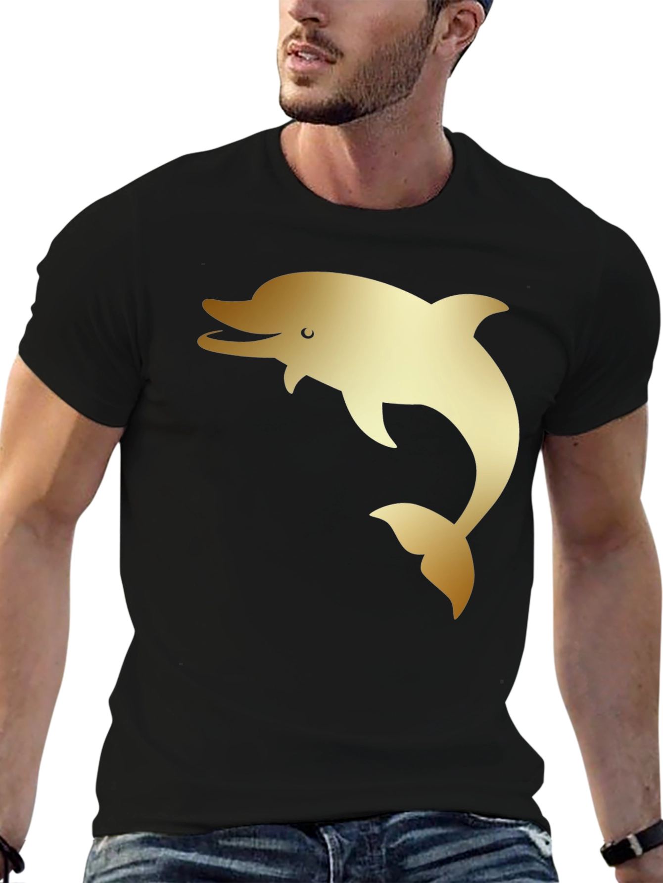 Mens Black T-Shirt with Golden Dolphin Print