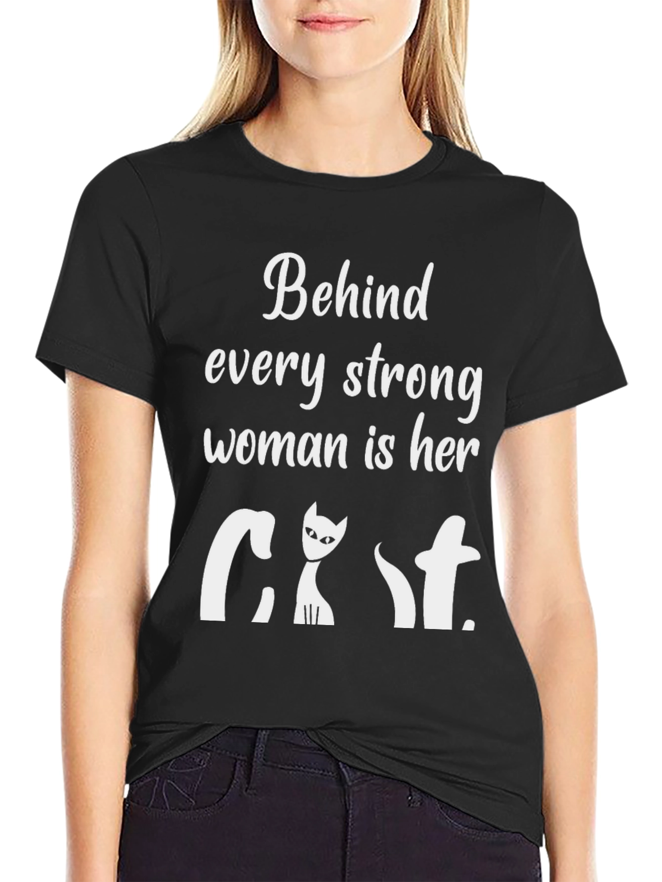 Strong Woman Cat T-Shirt - Black