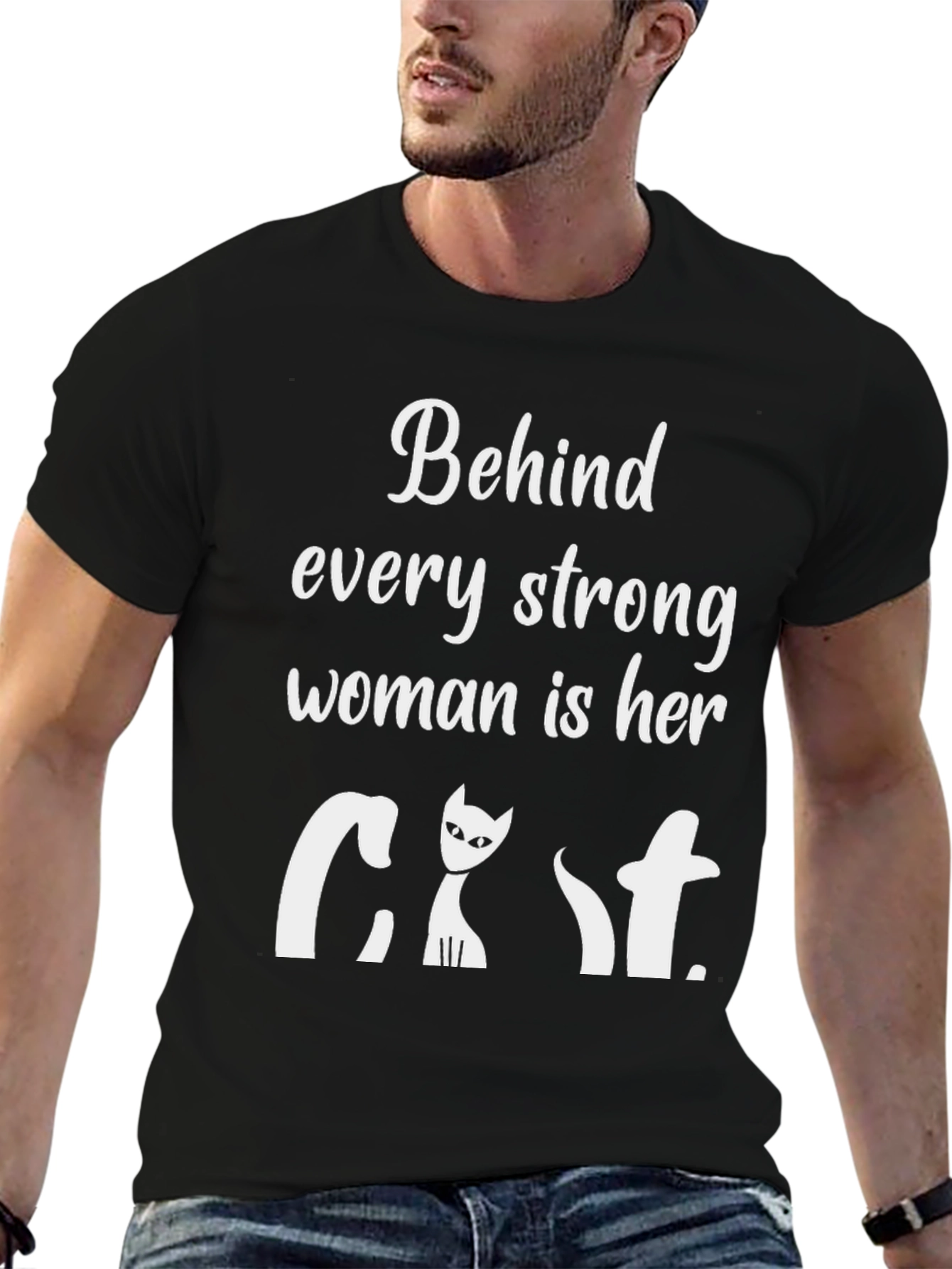 Strong Woman Cat T-Shirt - Black