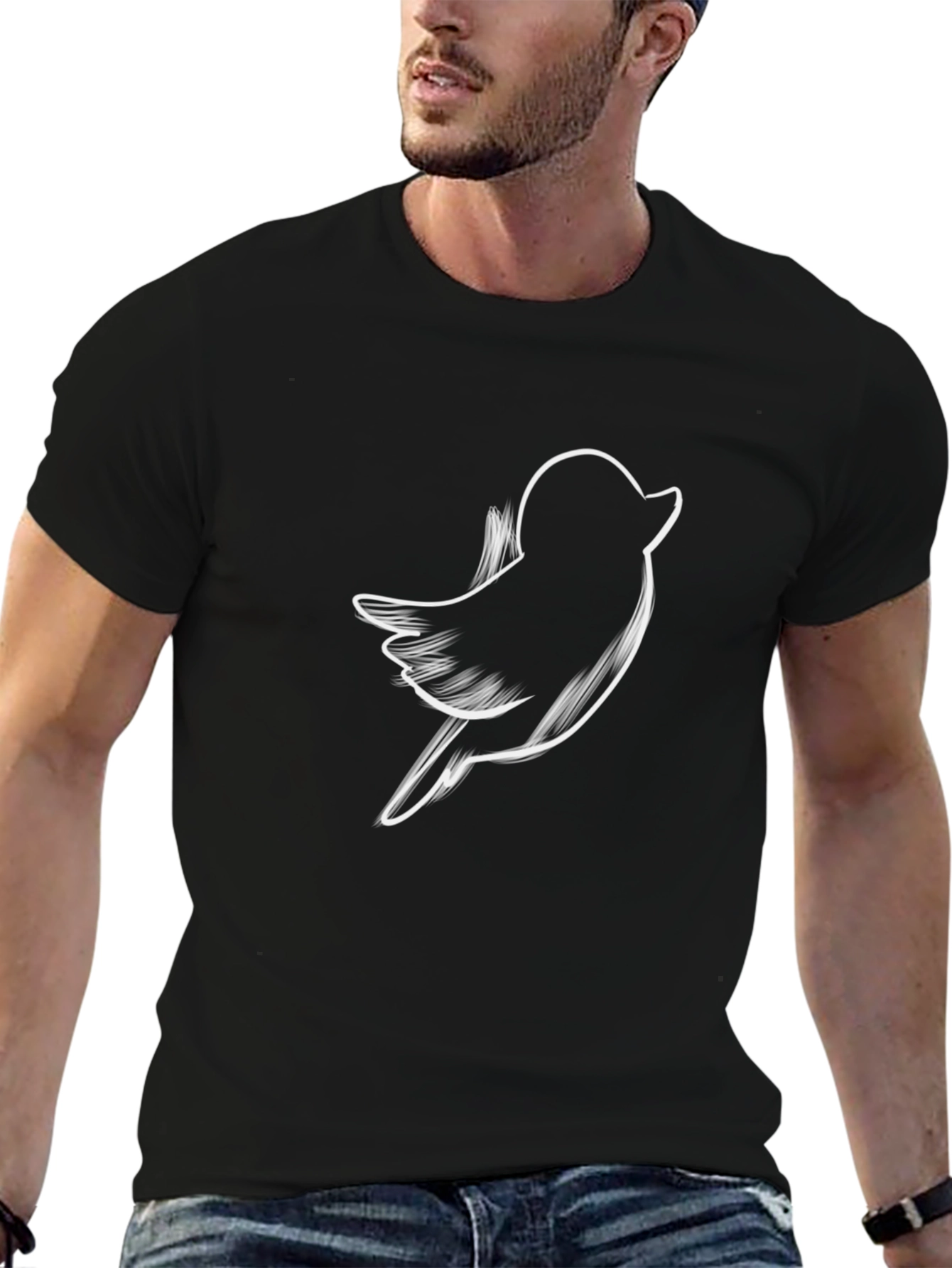 Bird Sketch Graphic Tee - Casual Black T-Shirt