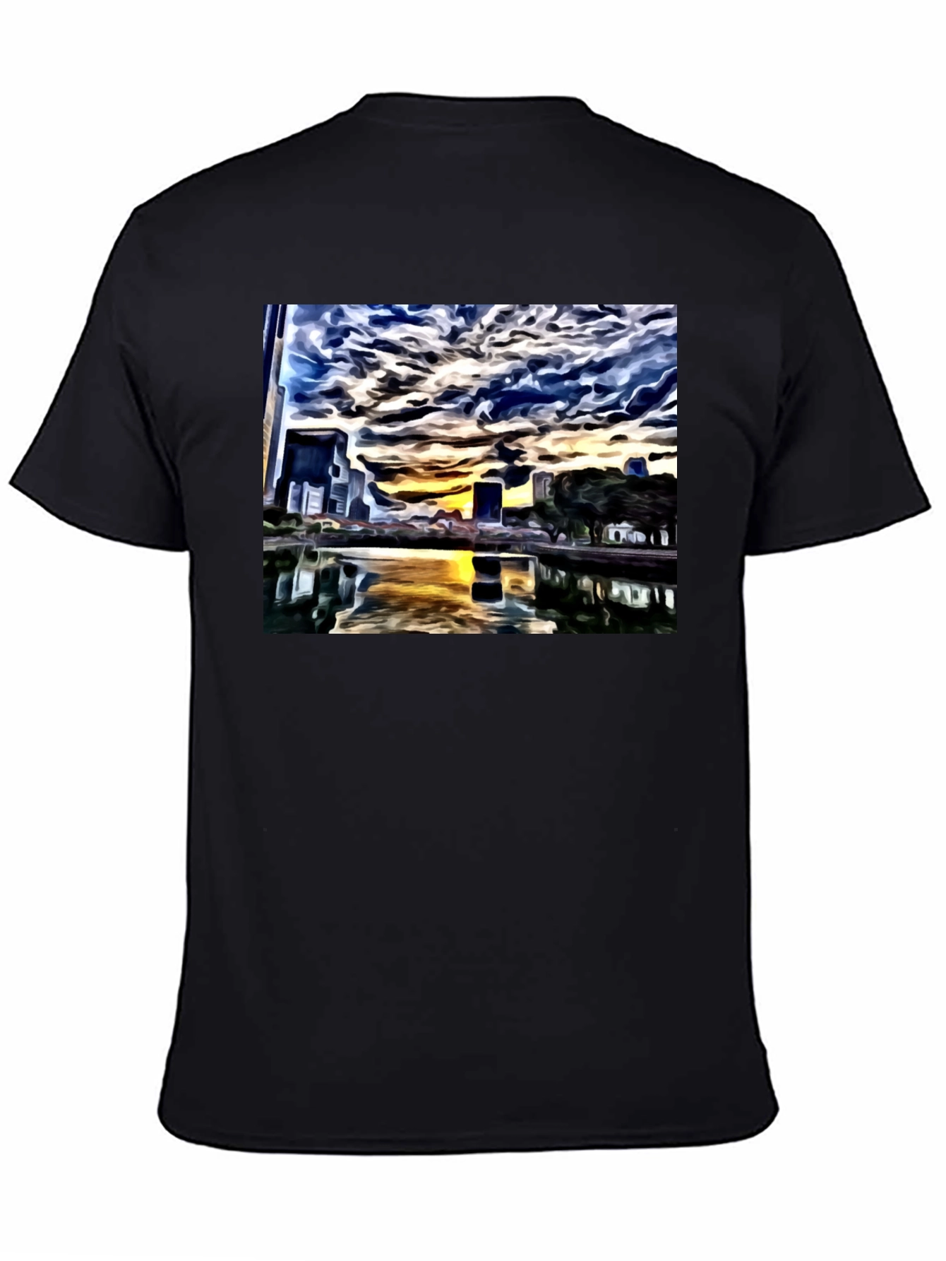 Cityscape Reflection Tee - Artistic Black T-Shirt