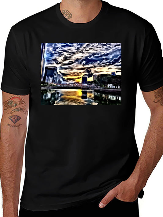 Cityscape Reflection Tee - Artistic Black T-Shirt