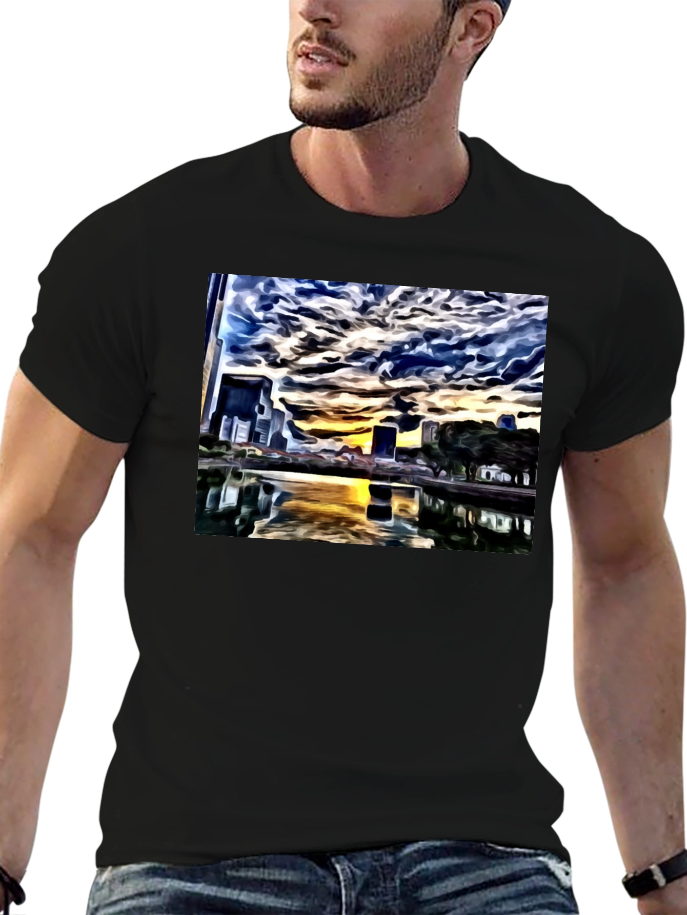 Cityscape Reflection Tee - Artistic Black T-Shirt