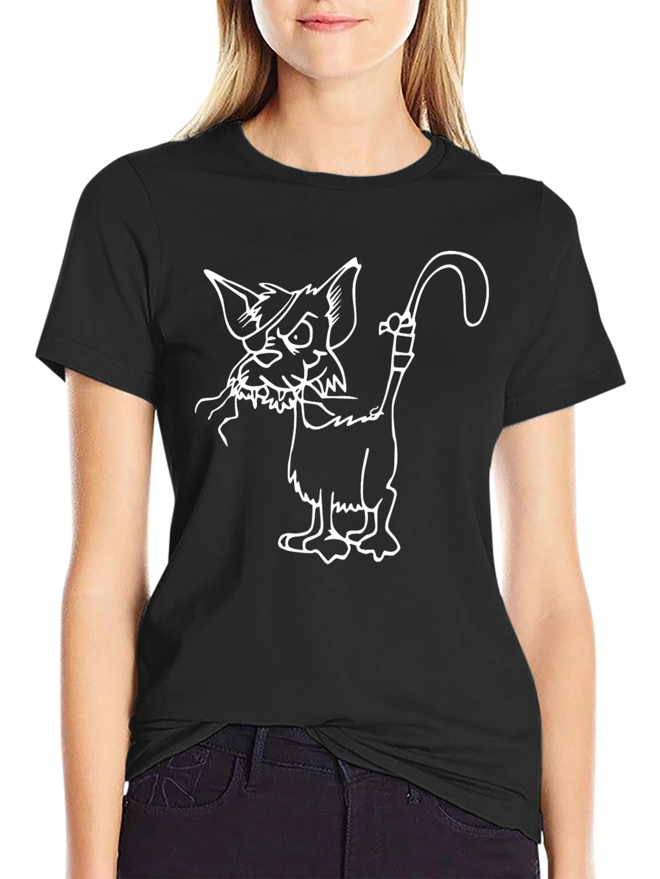 Black T-Shirt with Cartoon Cat Design