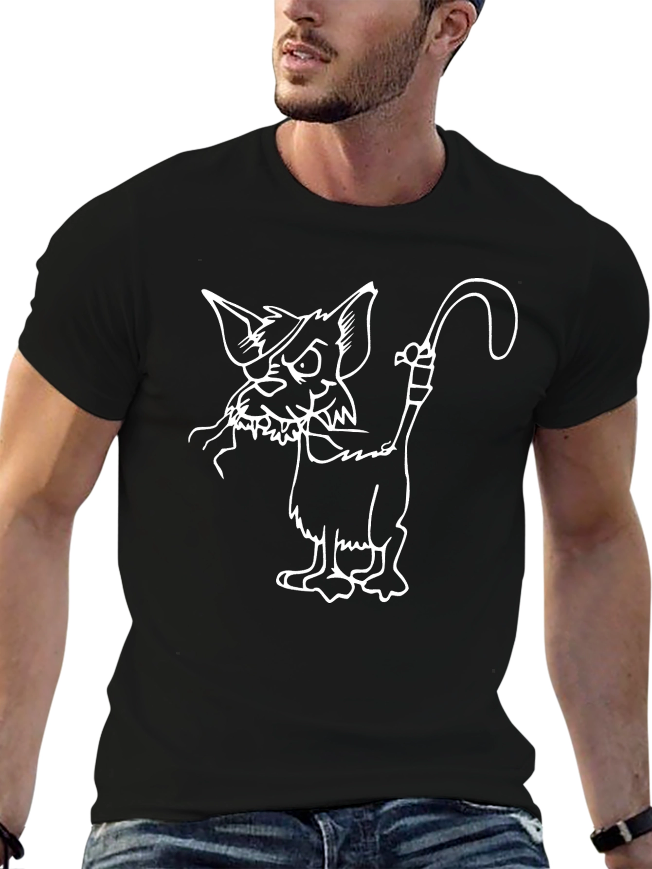 Black T-Shirt with Cartoon Cat Design
