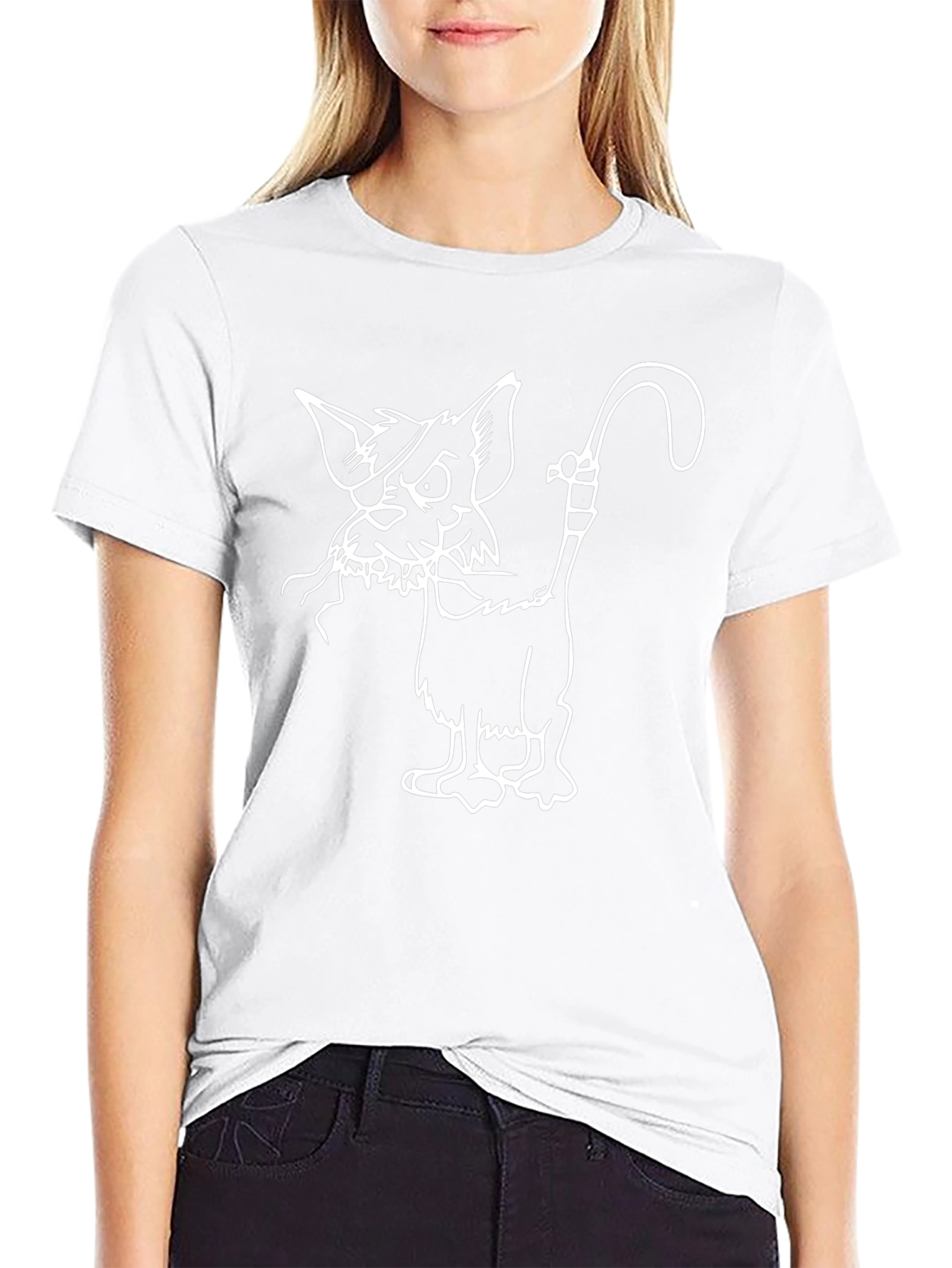 Black T-Shirt with Cartoon Cat Design