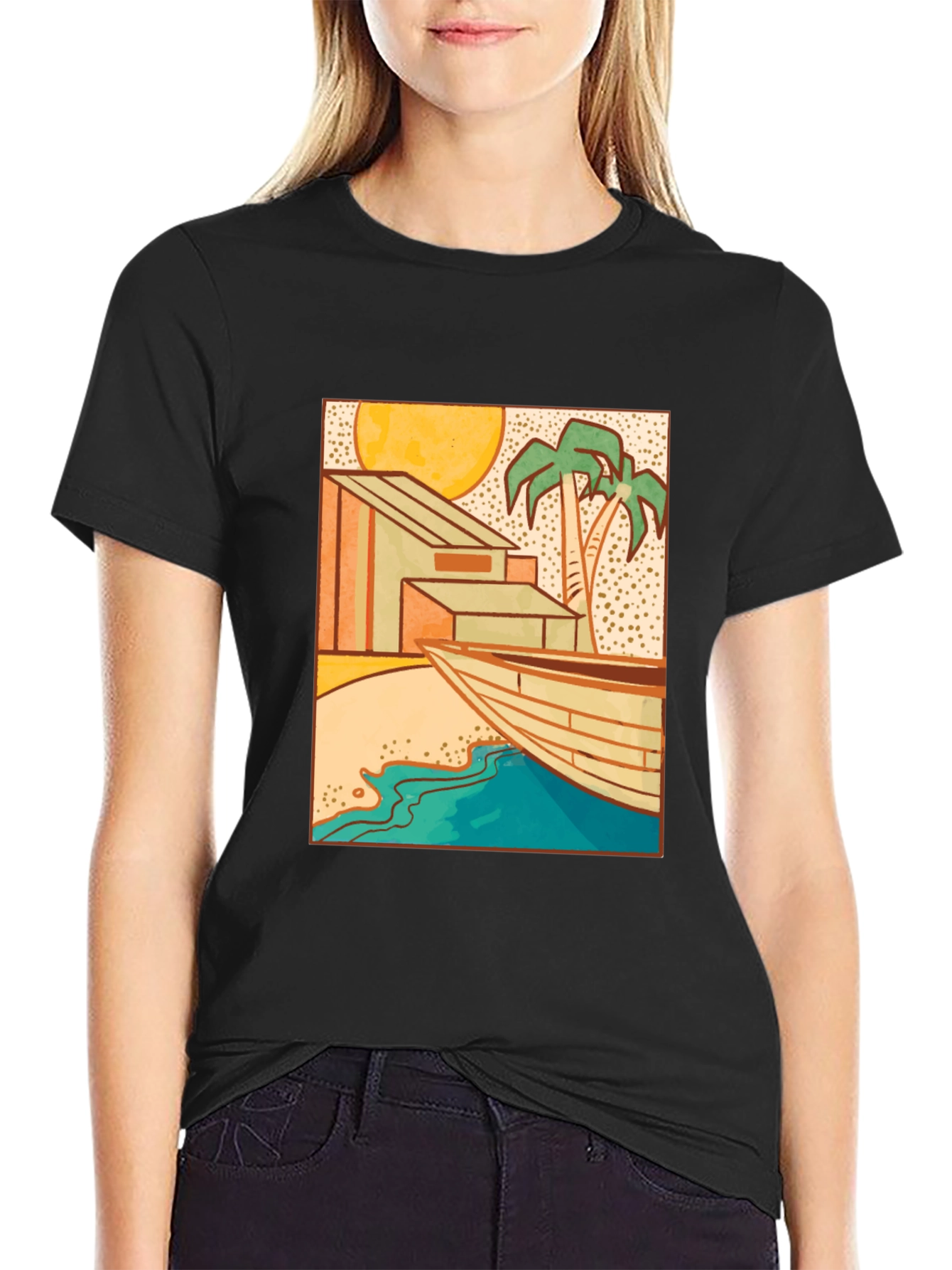 Beach House Graphic Black T-Shirt