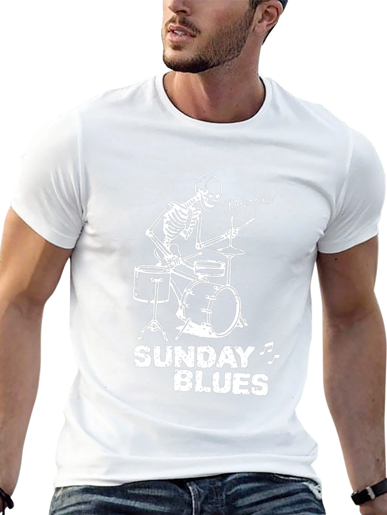 Skeleton Drummer Sunday Blues Graphic Tee