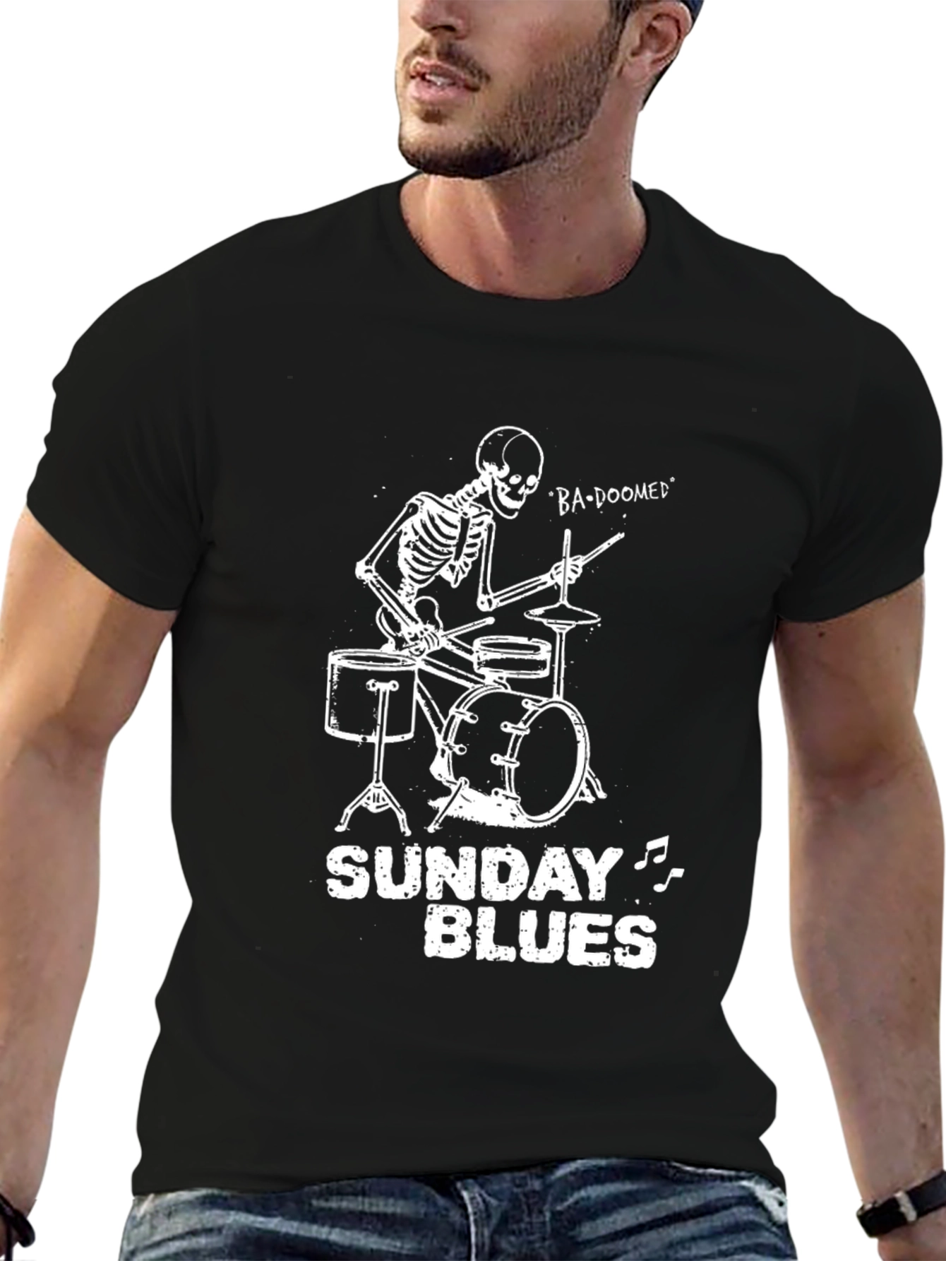 Skeleton Drummer Sunday Blues Graphic Tee