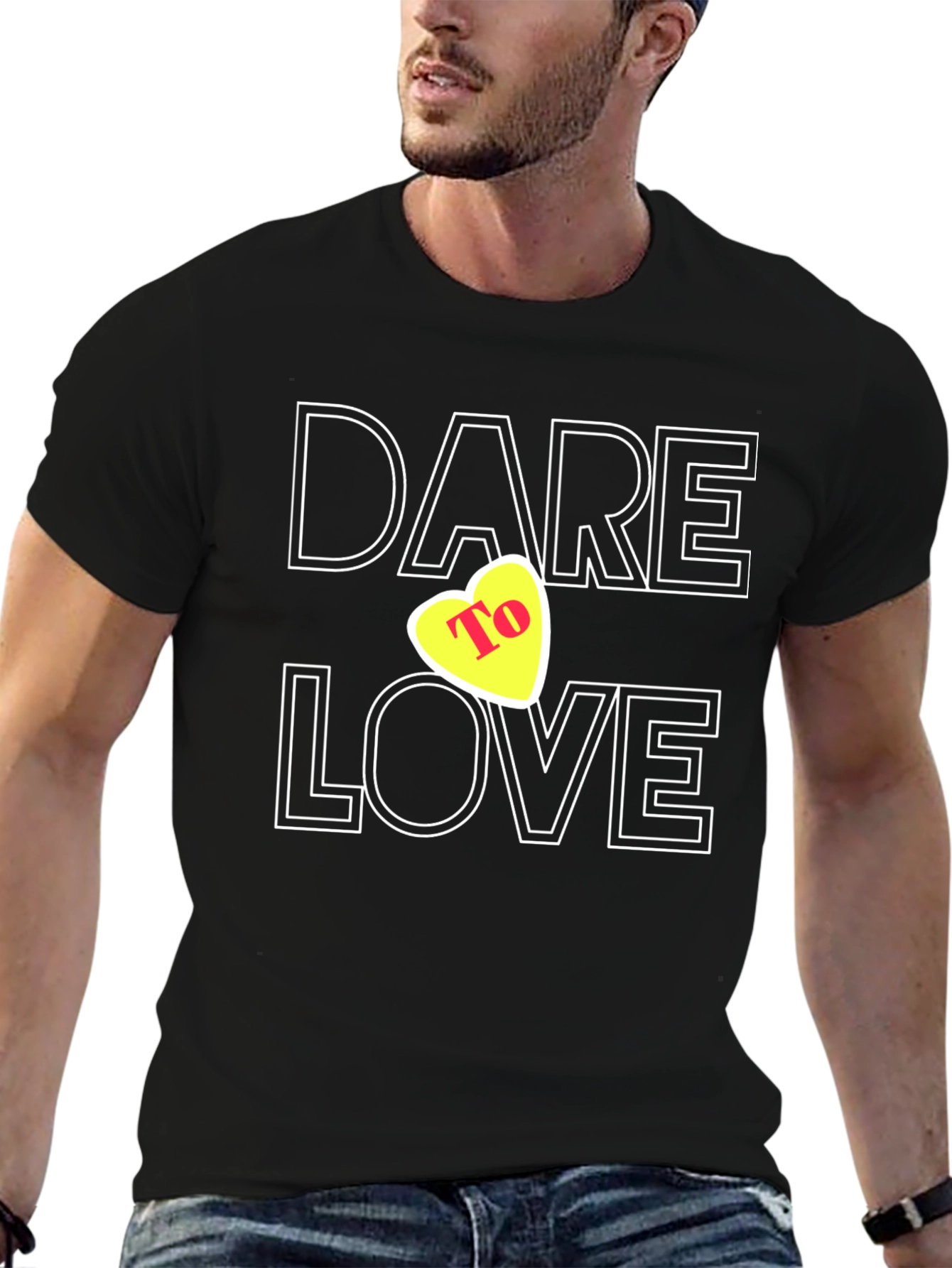 Dare To Love Black T-Shirt with Heart Graphic