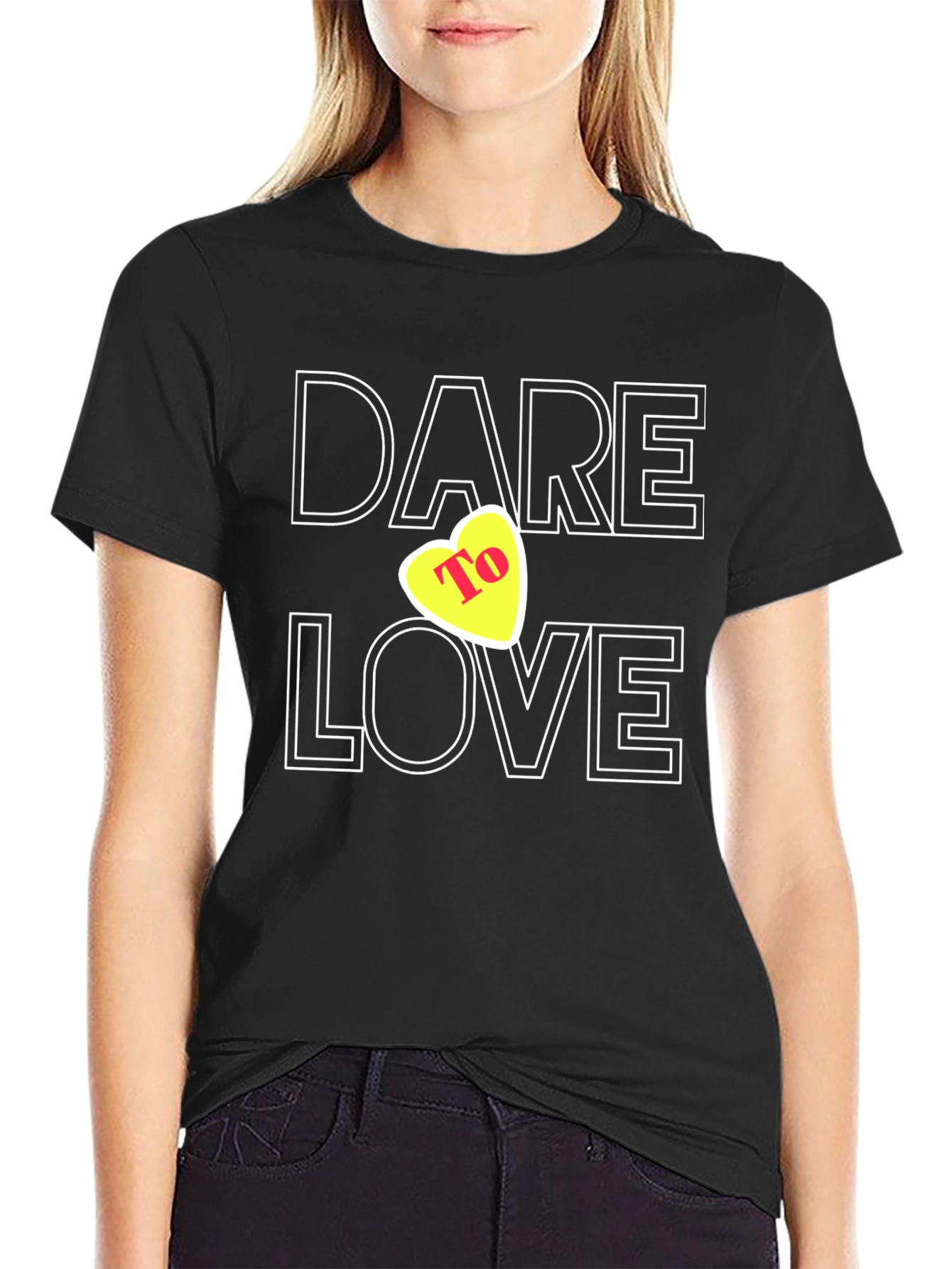 Dare To Love Black T-Shirt with Heart Graphic