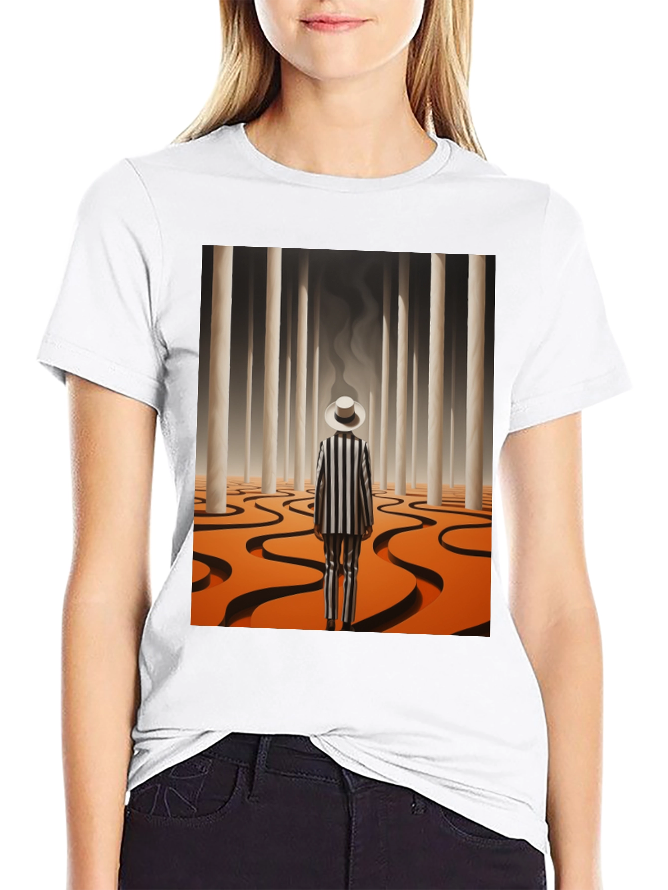 Surrealist Man in Striped Suit Graphic Tee