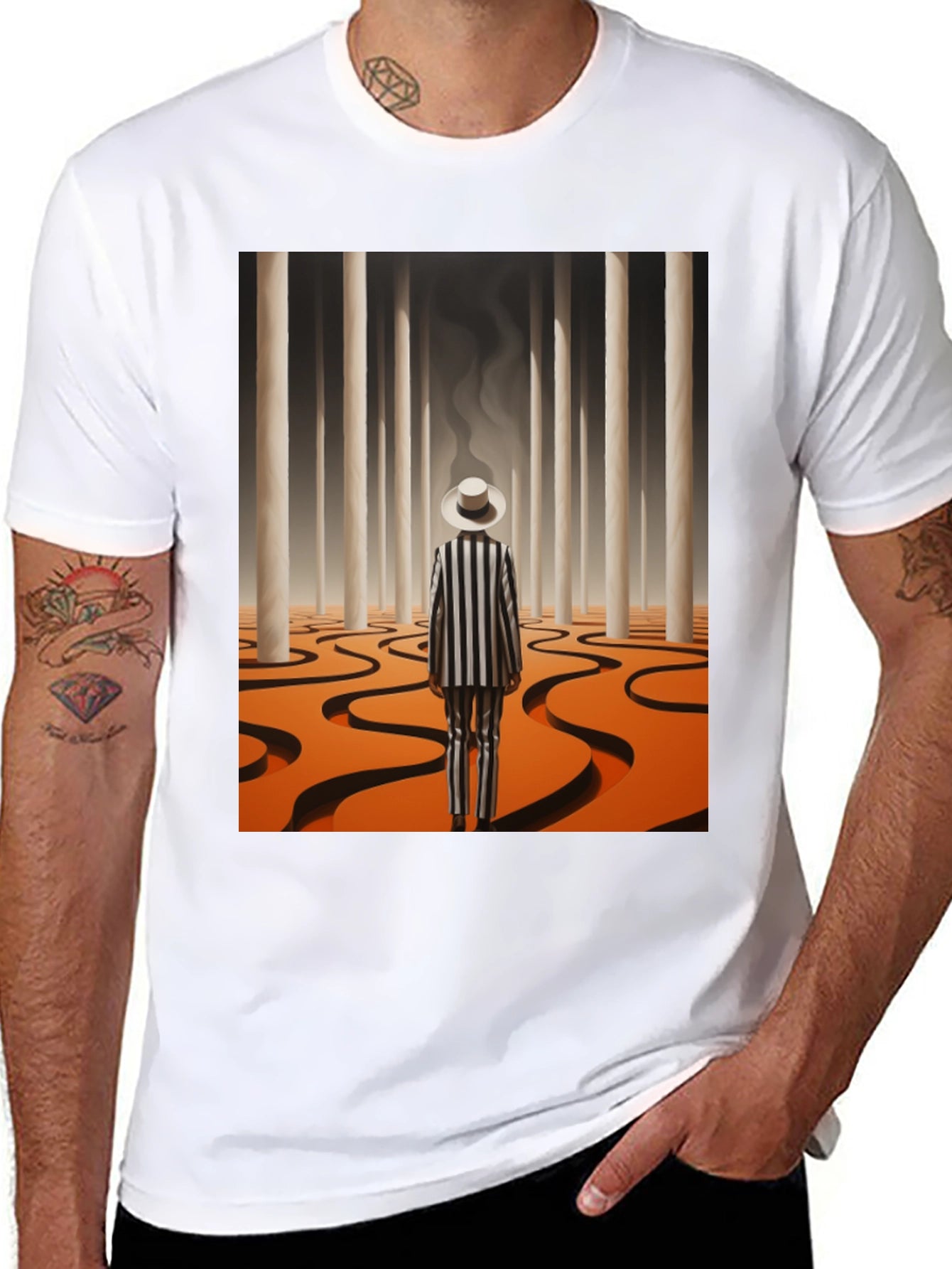 Surrealist Man in Striped Suit Graphic Tee
