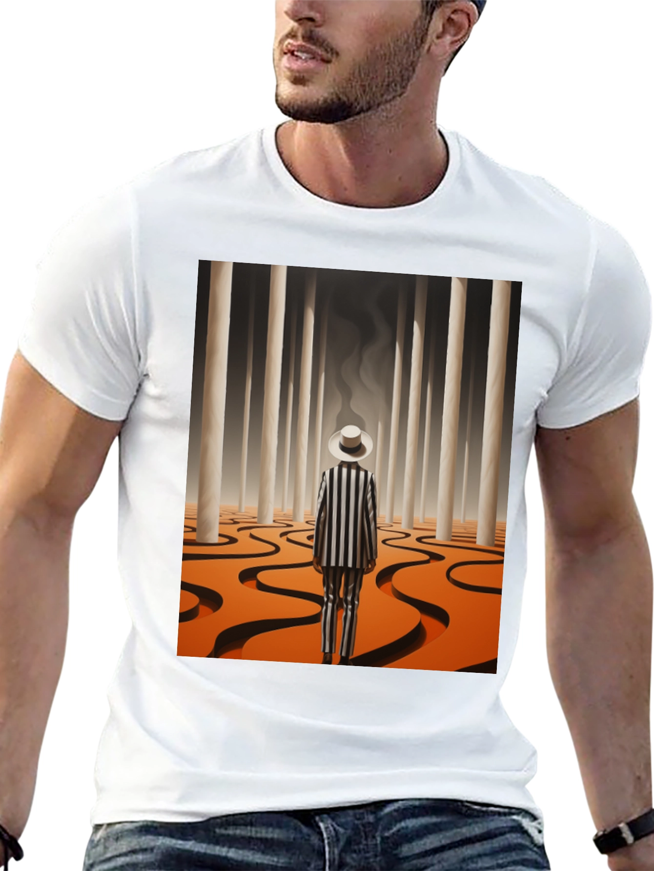 Surrealist Man in Striped Suit Graphic Tee