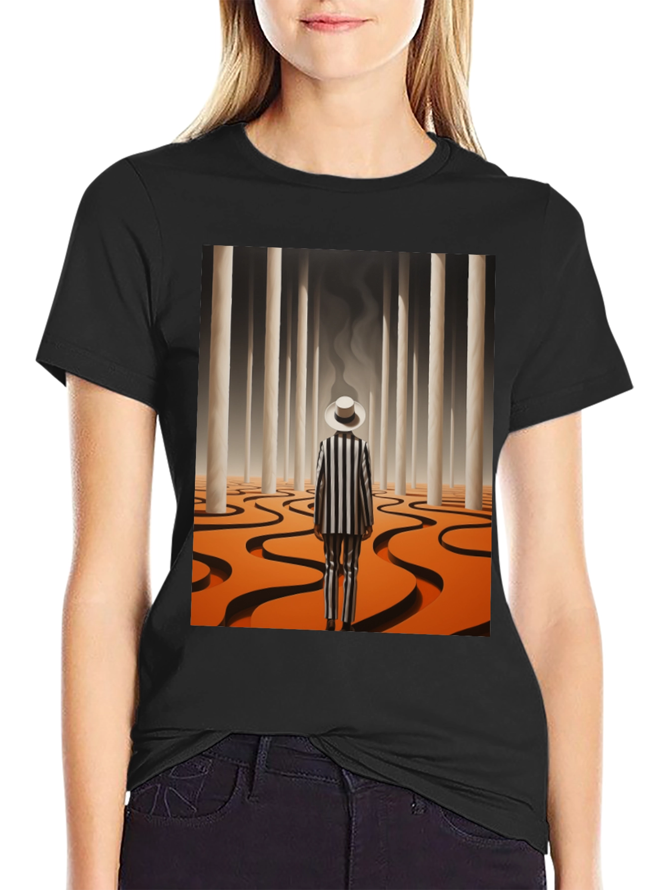 Surrealist Man in Striped Suit Graphic Tee