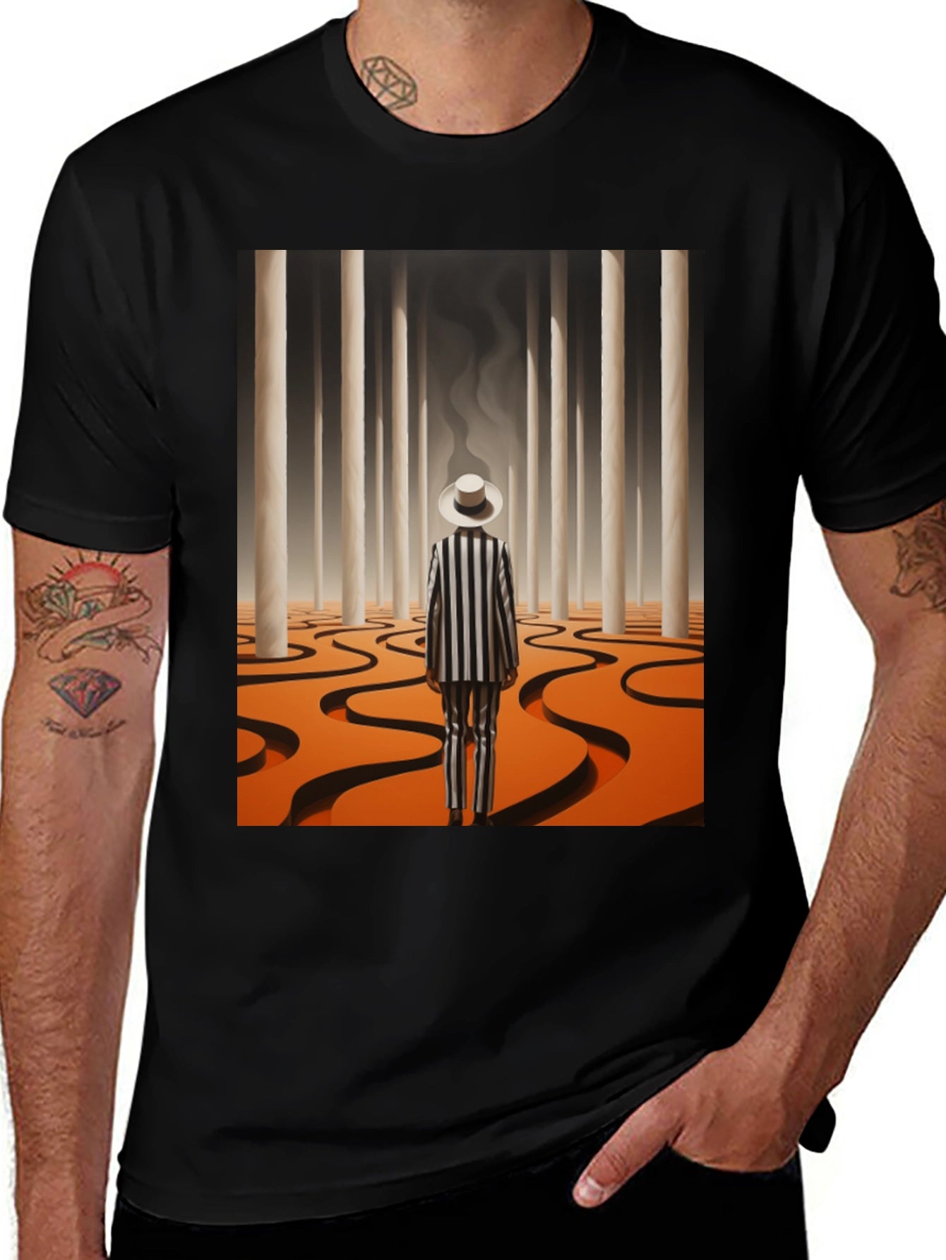 Surrealist Man in Striped Suit Graphic Tee