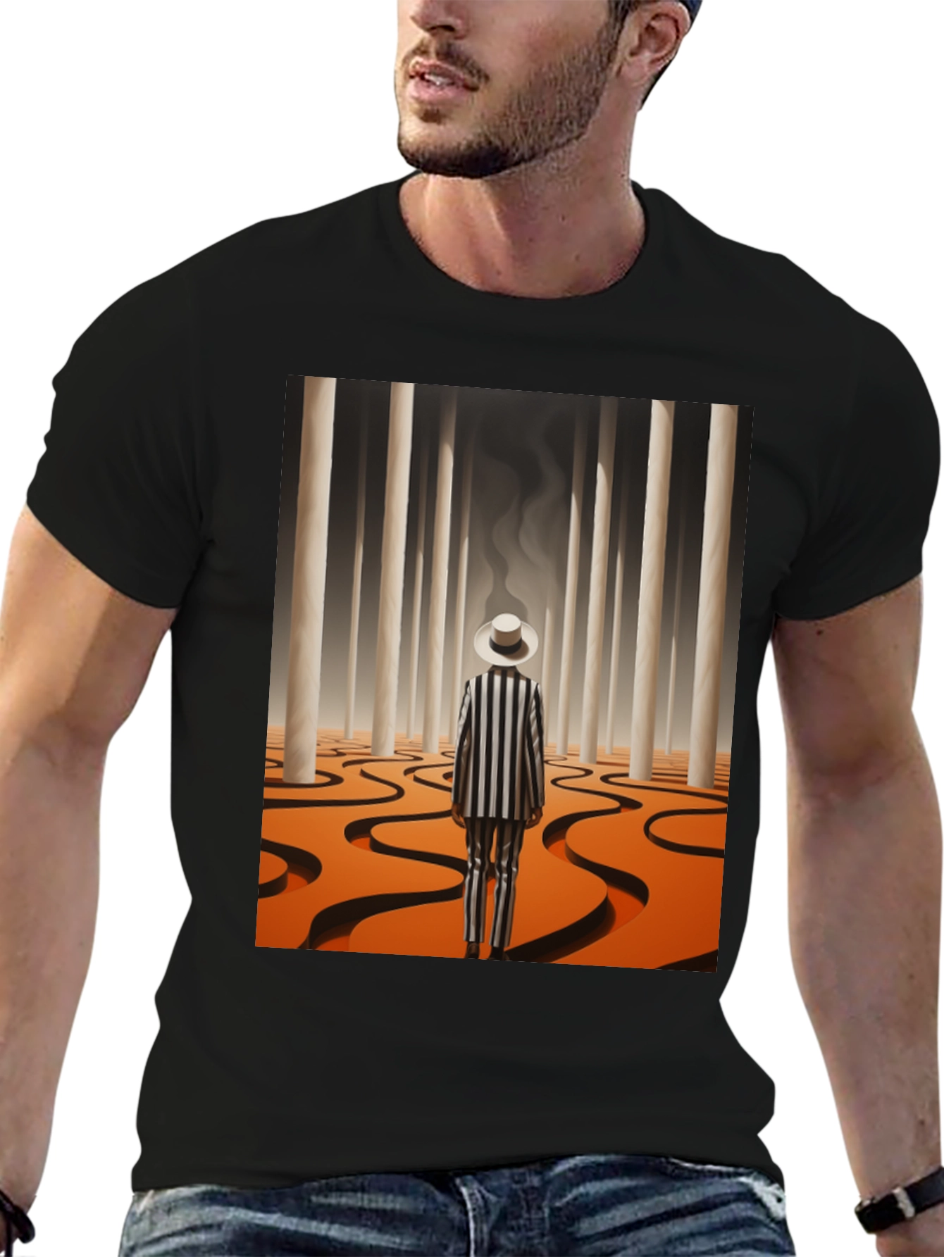 Surrealist Man in Striped Suit Graphic Tee