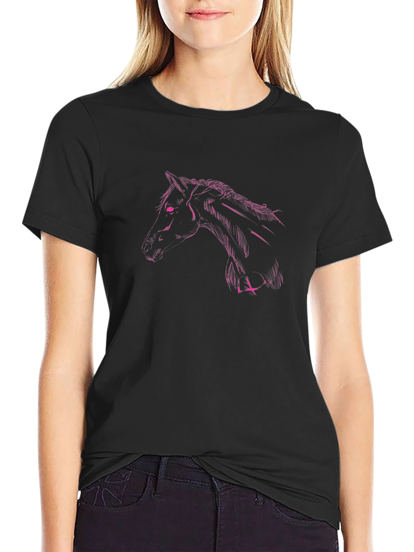 Black T-Shirt with Pink Horse Graphic
