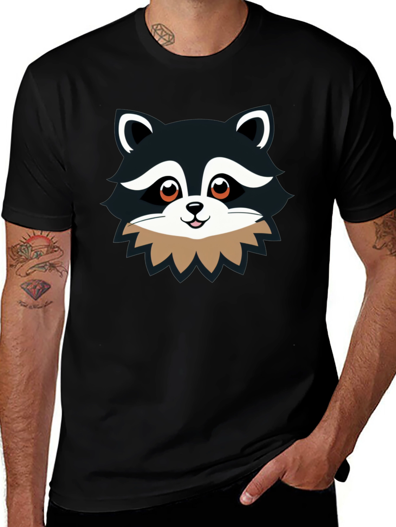 Cute Raccoon Graphic Print Black T-Shirt