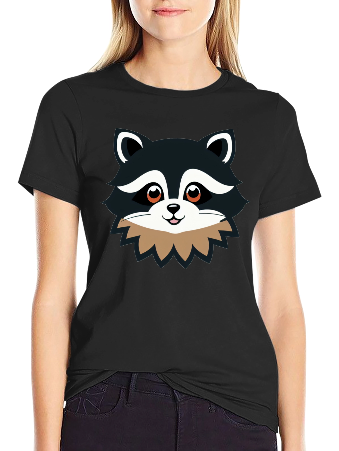 Cute Raccoon Graphic Print Black T-Shirt