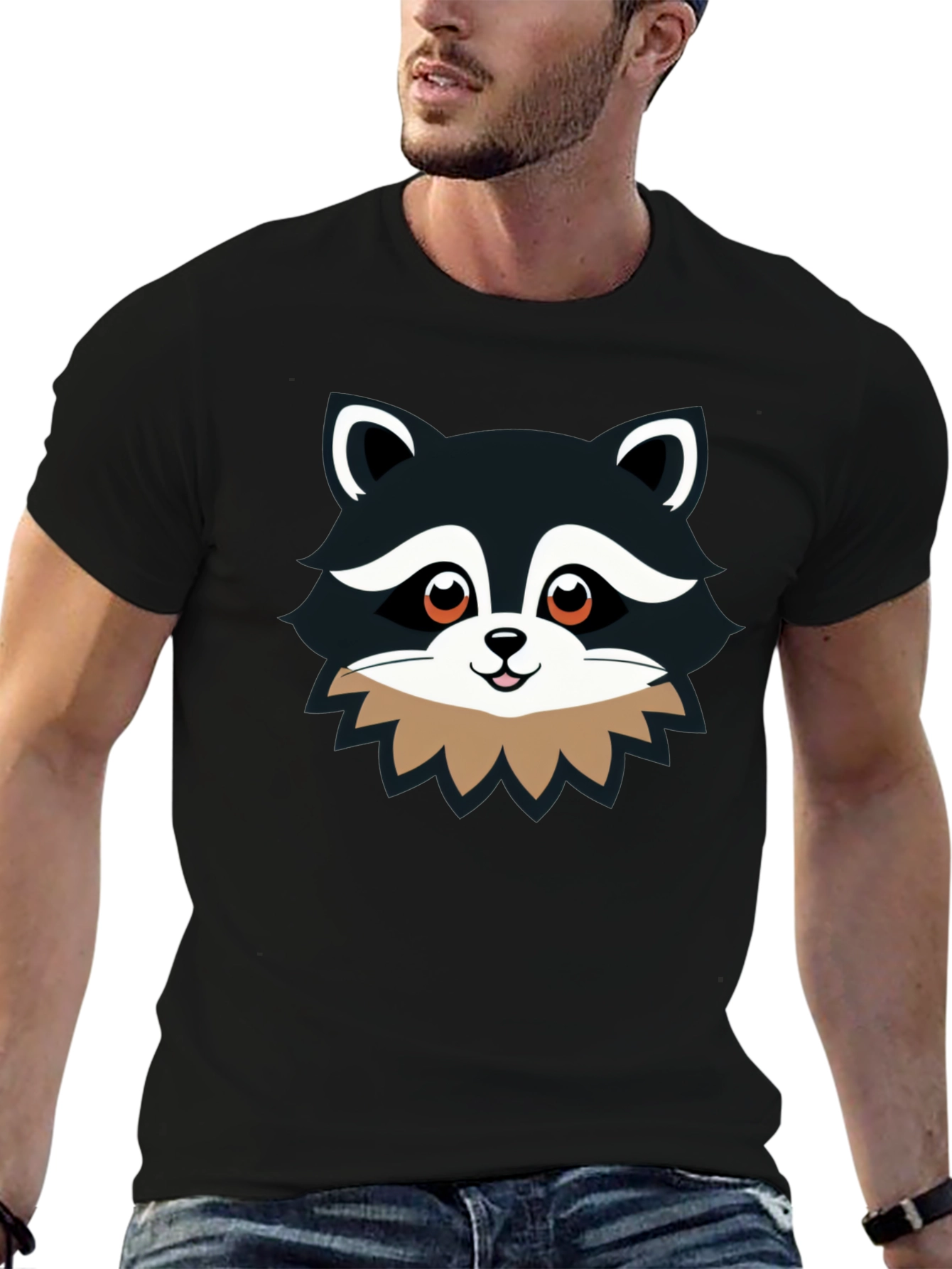 Cute Raccoon Graphic Print Black T-Shirt